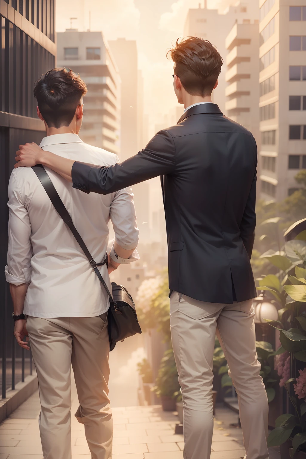Change background realistic handsome man look in to the top of the city