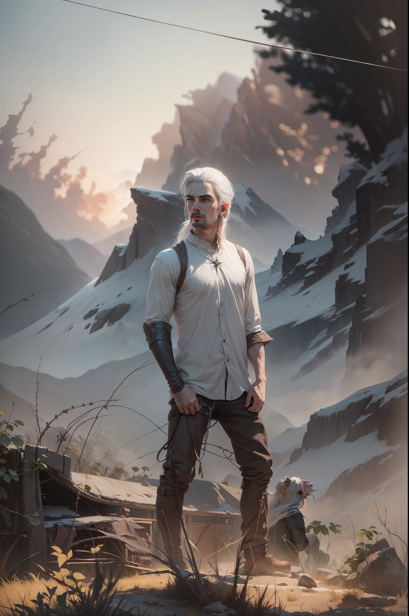 Boy become a witcher, white long hairs, on mountains, realistic, 4k