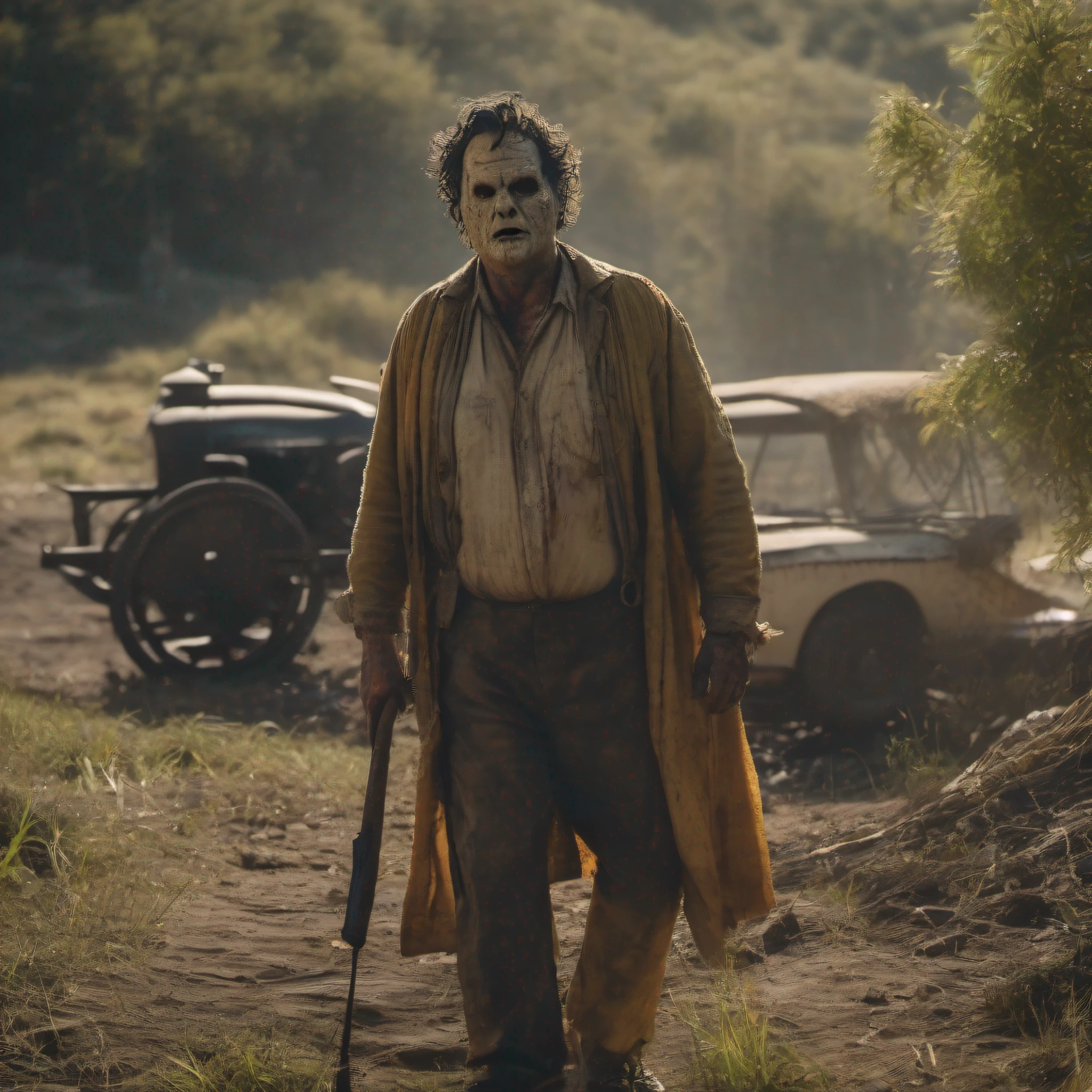 leatherface parado num campo com a motoserra olhando fixamente para a camera no fundo uma casa grande bem antiga ceu dramatico campo de profundidade 1.5 ultra realistic well detailed 8k intricate high resolution highly realistic detailed sharp focus great sharpness horror movie scene ldsr effect chromatic aberration lens 50 mm aperture f 1.8 Dark Sinister Great Light Great Composition