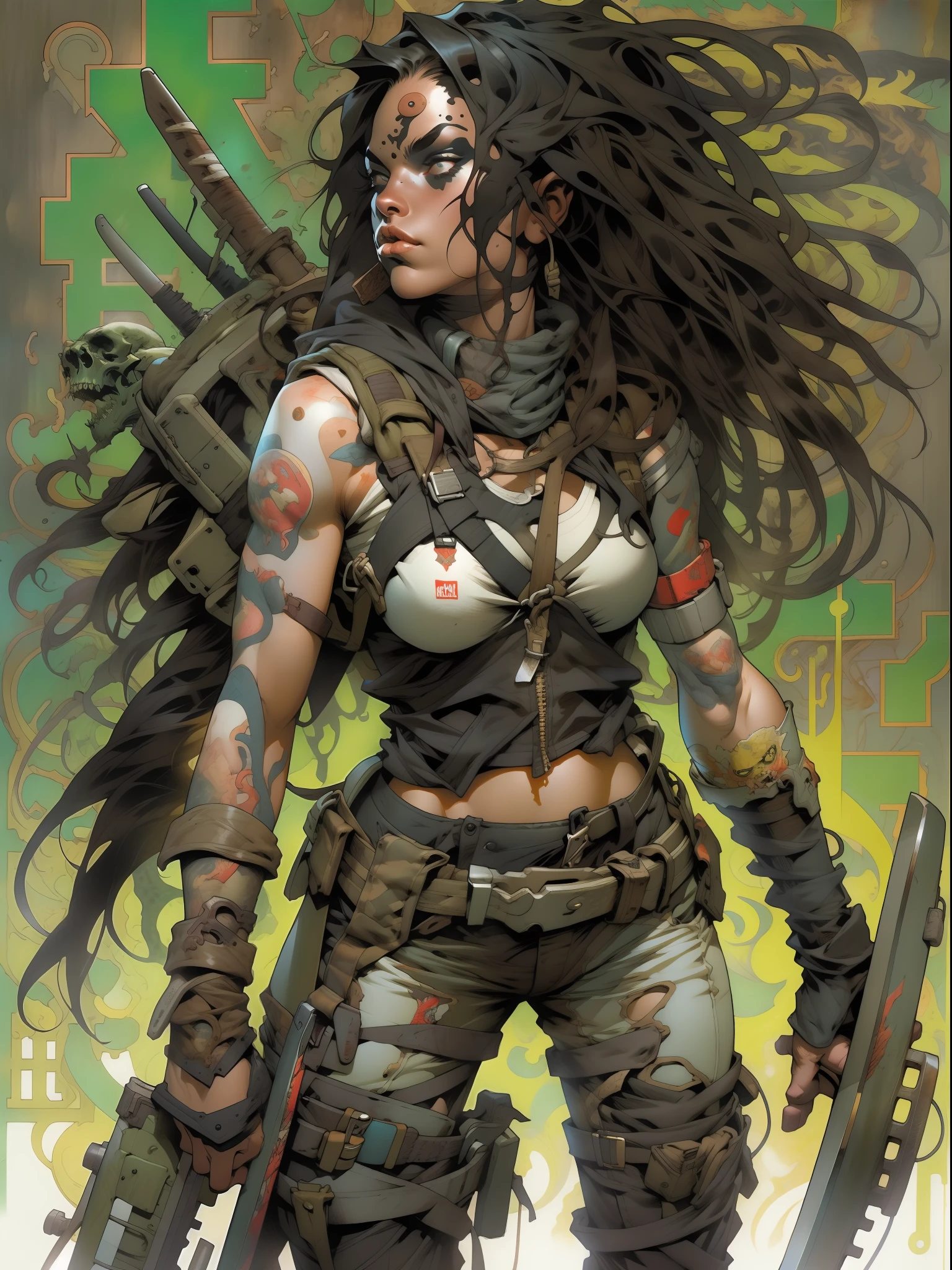 A post-apocalyptic warrior, uma mulher de 35 anos quase nua no estilo Simon Bisley para a capa da revista Heavy Metal, cabelo metade preto metade branco, Minimum clothing, roupas curtas,