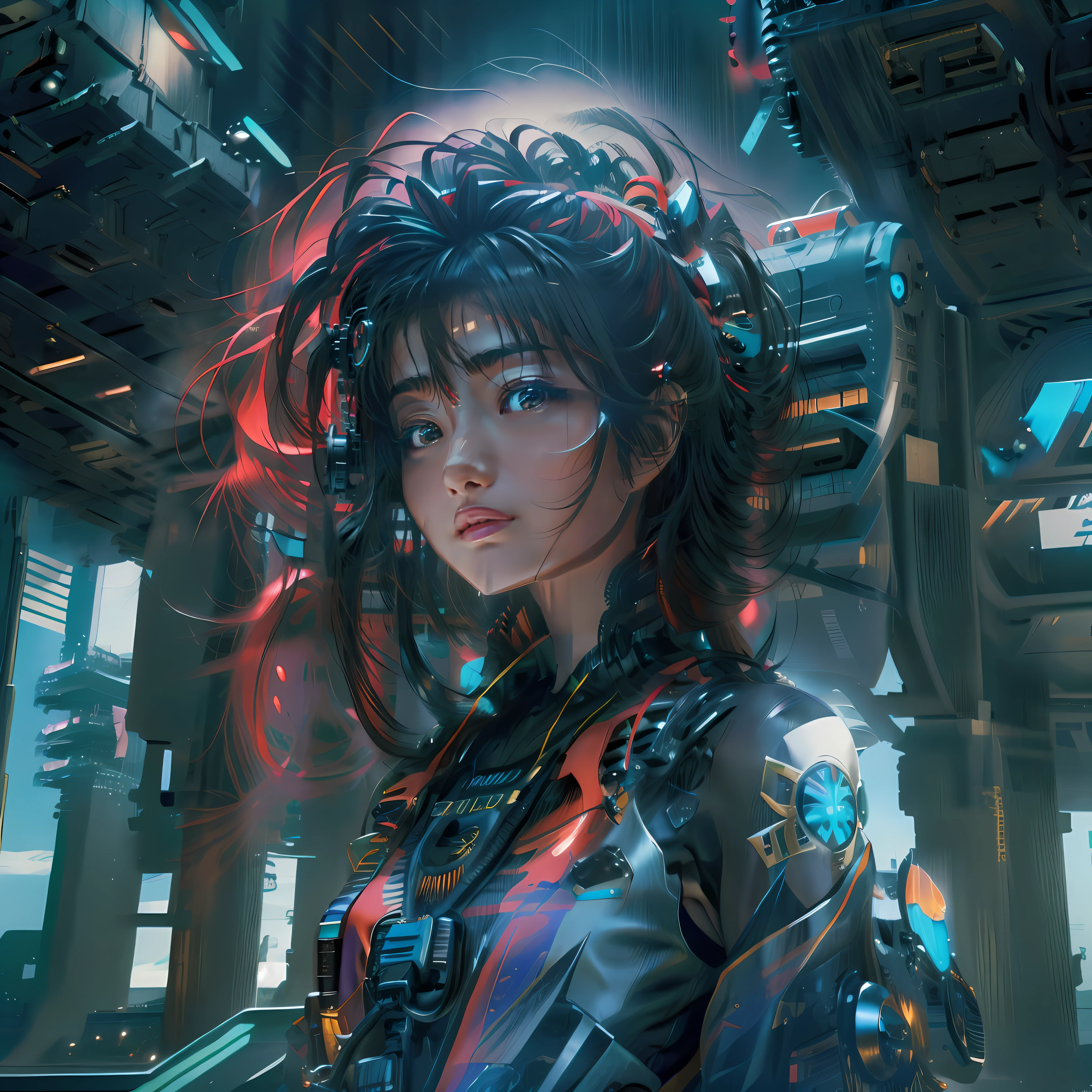 tmasterpiece， Best quality at best， high high quality， （A futuristic：1.1）， （Cyberpunk costumes）， 电影灯光， （Exquisite future）， Beautiful and beautiful， ultra - detailed， great composition， floatking， depth of fields， （VerydetailedCG，Unity 8k壁纸）， （Beautiful detail background）， Beautiful hair details， dramatic lights， GOGETTA， mechs，Close-fitting mech，Fine face