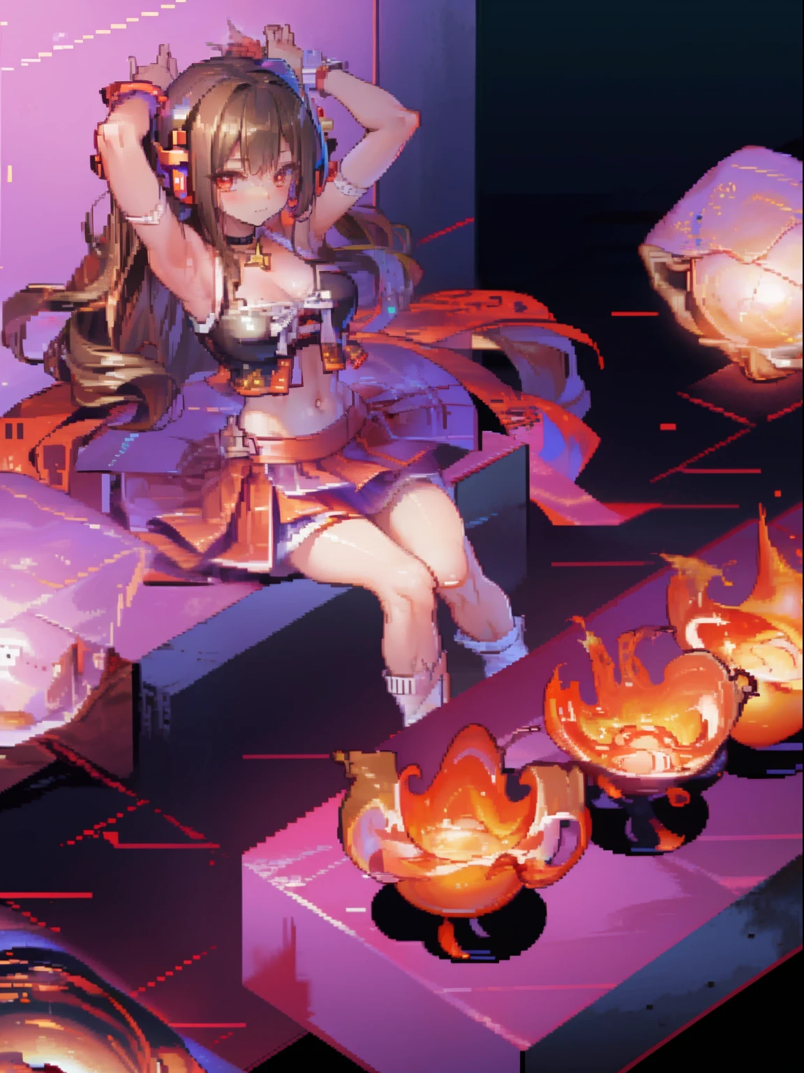 ((Masterpiece, highest quality, pixel, pixel art)), (pixel:1.1), highly detailed, full body, 1girl, girl in a skirt and headphones, :3, long hair, bangs, multicolored hair, two-tone hair, gradient hair, brown hair, brown hair with pink tips, [[[[[[[[[pink hair]]]]]]]]], black crop top, red skirt, pleated skirt, stockings, leg warmers, black choker, red eyes, star (symbol), symbol-shaped pupils,
