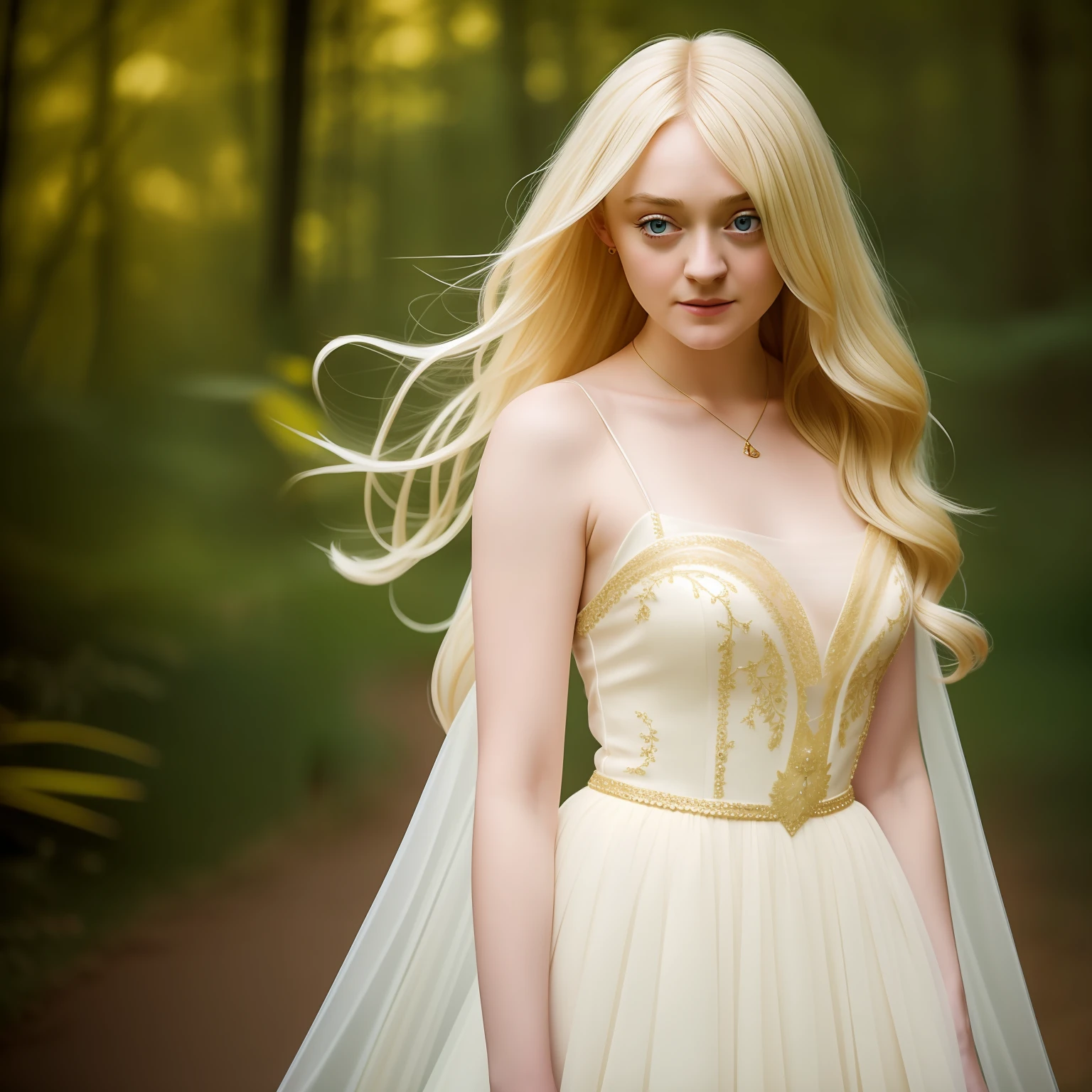 blond woman in fancy dress, standing, background is default, full body, dakota fanning, soft portrait shot 8 k, female portrait, james jean soft light 4k, james jean soft light 4 k, a still of an ethereal