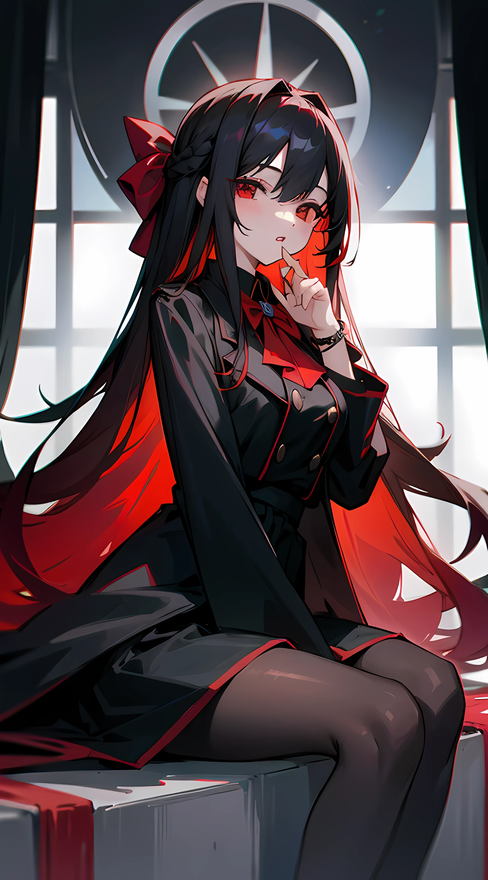 1girl, long hair, red bow, black skirt, red eyes, black pantyhose, looking at viewer, bracelet, gradient hair, parted lips, sitting, solo, window, coat, black coat