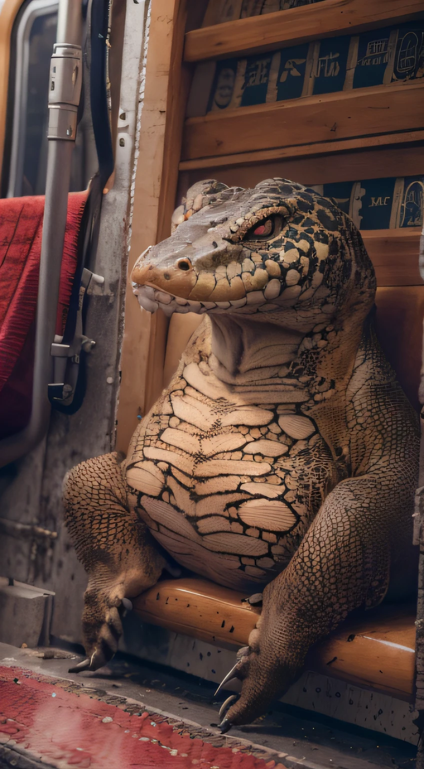 (tmasterpiece,k hd,hyper HD,16k)brunette color hair,15 years old,It's like adding a touch of energy to the whole street,Crocodile skin train,A sneak peek angle,(From the angle below),Sit in the seat of the train python,sitting in front,Zoom camera,head portrait,Head down and sleepy-eyed,Look at the ground, best qualtiy, hyper HD, (realisticlying:1.4),, A high resolution, the detail, RAW photogr, Sharp Re, Nikon D850 Film Stock Photo by Jefferies Lee 4 Kodak Portra 400 Camera F1.6 shots, Rich colors, ultra-realistic vivid textures, Dramatic lighting, Unreal Engine Art Station Trend, cinestir 800,