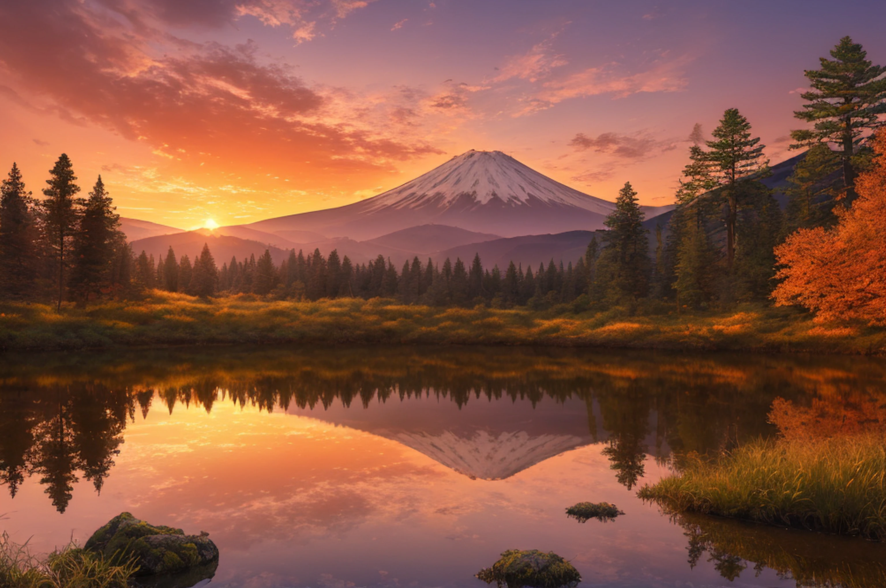 (Vast landscape photo:1.4), magnificent scenery, (wide landscape:1.2), (hyperrealism), (photorealistic:1.6), sharp and crisp background, very beautiful landscape, a Mount Fuji reflected in the lake, BREAK (sunset), (red sky), forest, ((Cinematic lighting)), (Dynamic Composition: 1.4), best quality, masterpiece, ultra high res, 8K, photo, wide view, Intricate Details, Volumetric Lighting, (Glow Lighting, Atmospheric Lighting), high contrast,