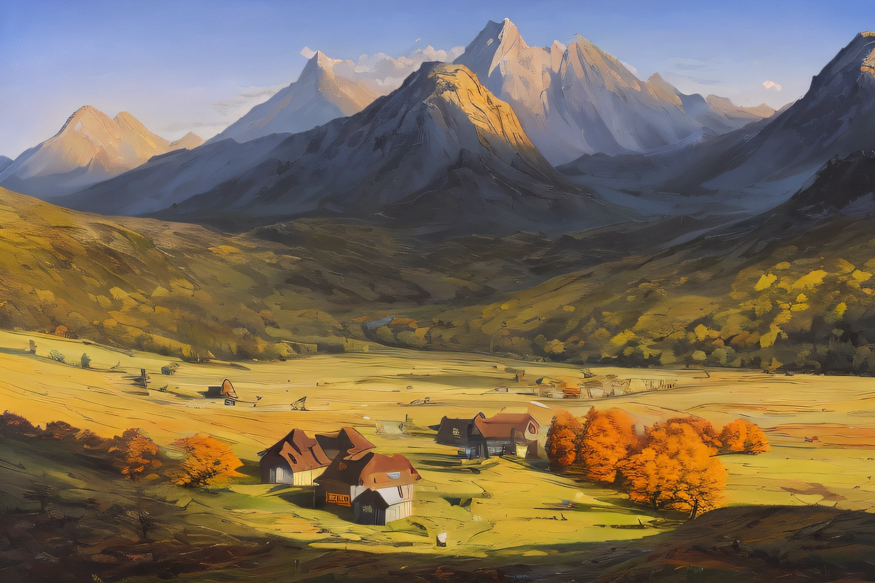 samdoesarts style. physical palette knife painting, thick Oil paint, stunning landscape, vast scale, soft colors, muted contrast, extremely detailed and intricate. landscape, hills, deciduous forests, mountain hut, huge pumpkins growing from ground, God rays, sharp focus