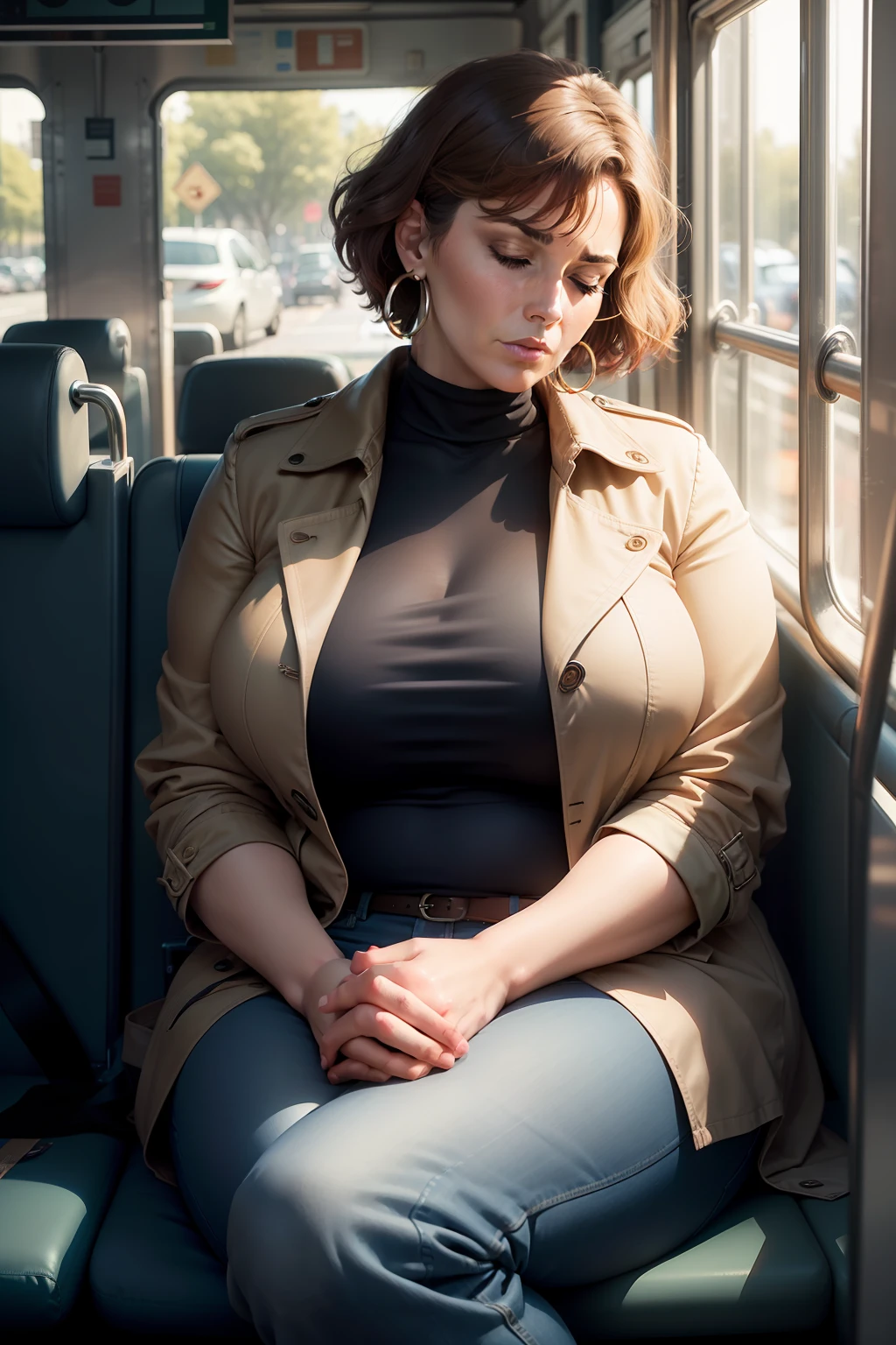 1 beautiful woman, large body, 50-year-old woman, adult lady, made-up face, short hair, hoop earrings, red trench coat, long blue jeans, boots, made-up eyelids, brown bag, hands crossed, sitting asleep on the bus , eyes closed, mouth open.
