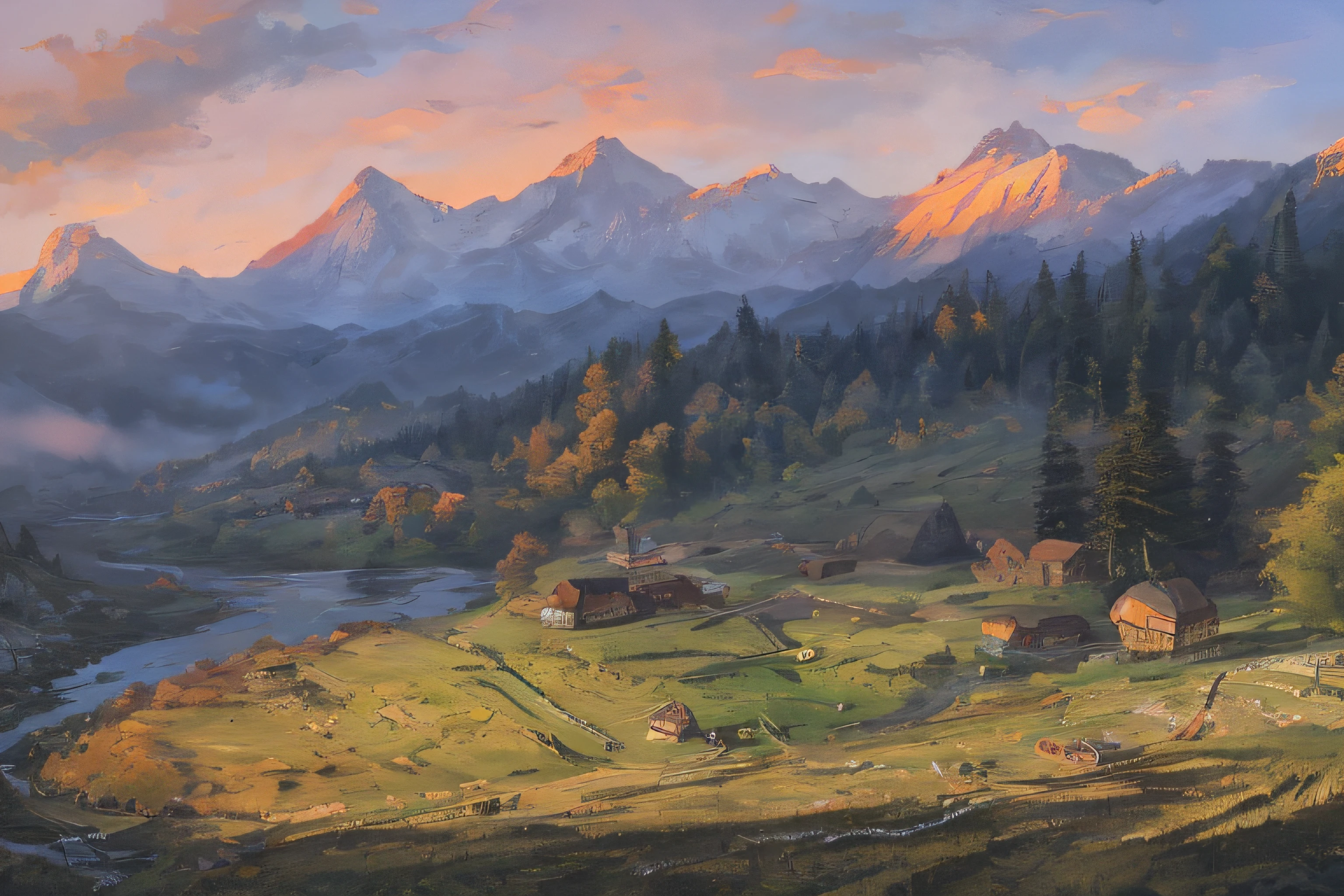samdoesarts style. physical palette knife painting, thick Oil paint, stunning landscape, vast scale, soft colors, muted contrast, extremely detailed and intricate. landscape, hills, deciduous forests, mountain hut, huge pumpkins growing from ground, God rays, sharp focus