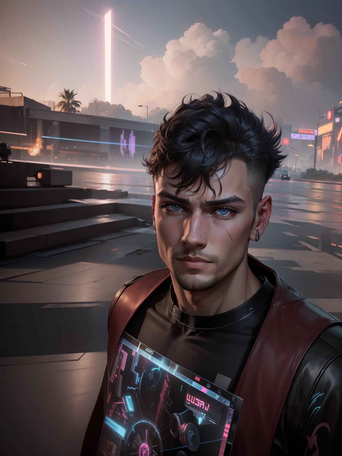 Change background cyberpunk handsome boy, realistic face, 8k, ultra realistic