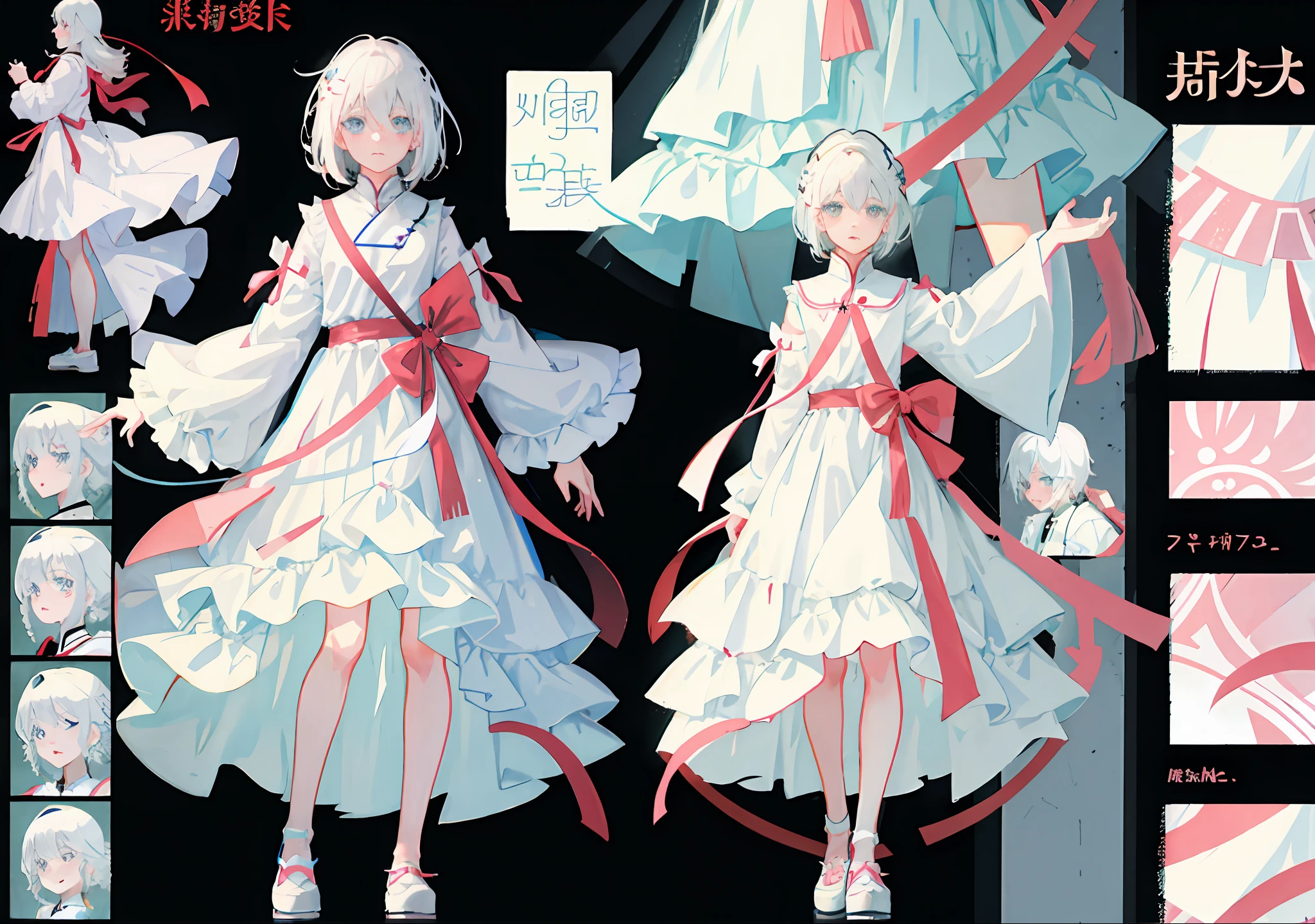 highr，white apparel，the doctor，with short white hair，White eyes，standing on your feet，long white robe，One hand crosses the waist，Chinese girl design，Anime character design，anime concept art，pretty anime character design，anime character reference sheet，[character  design]，