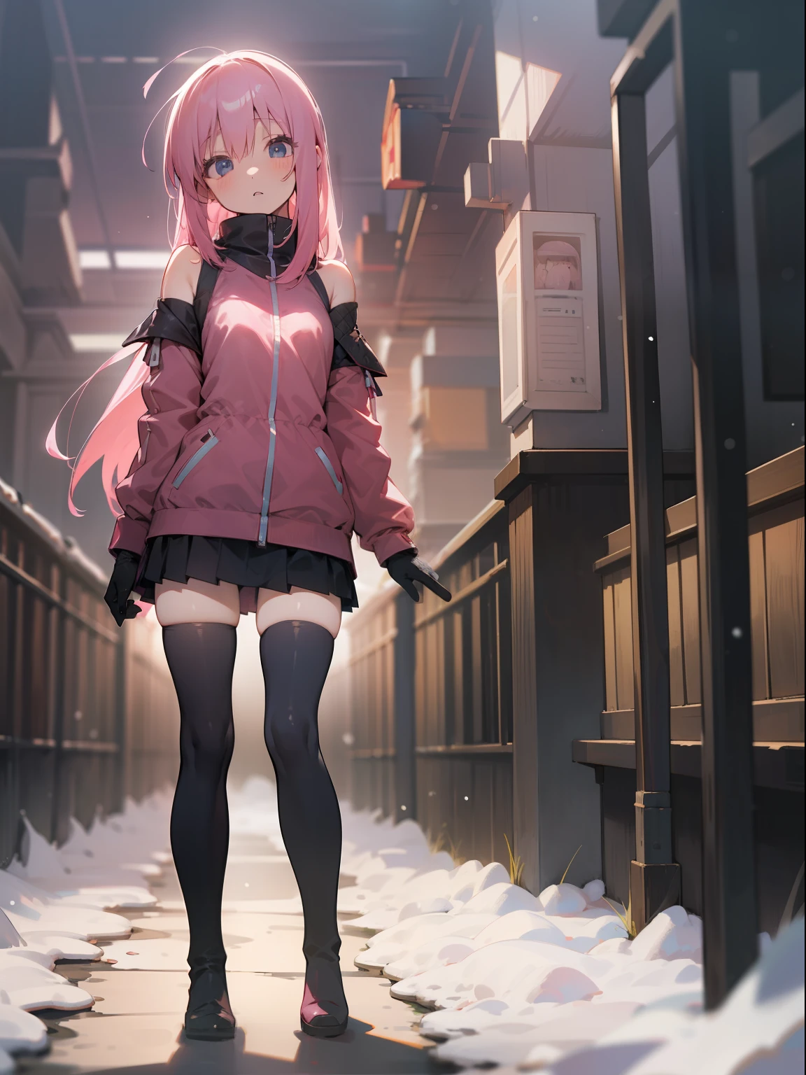 Bocchi, hitori gotoh, 1girl, pink hair, Winter clothes, full body, high quality, stockings, gloves, thigh high boots, best quality, masterpiece, (highly detailed:1.2), (extremely detailed:1.3), bare shoulders