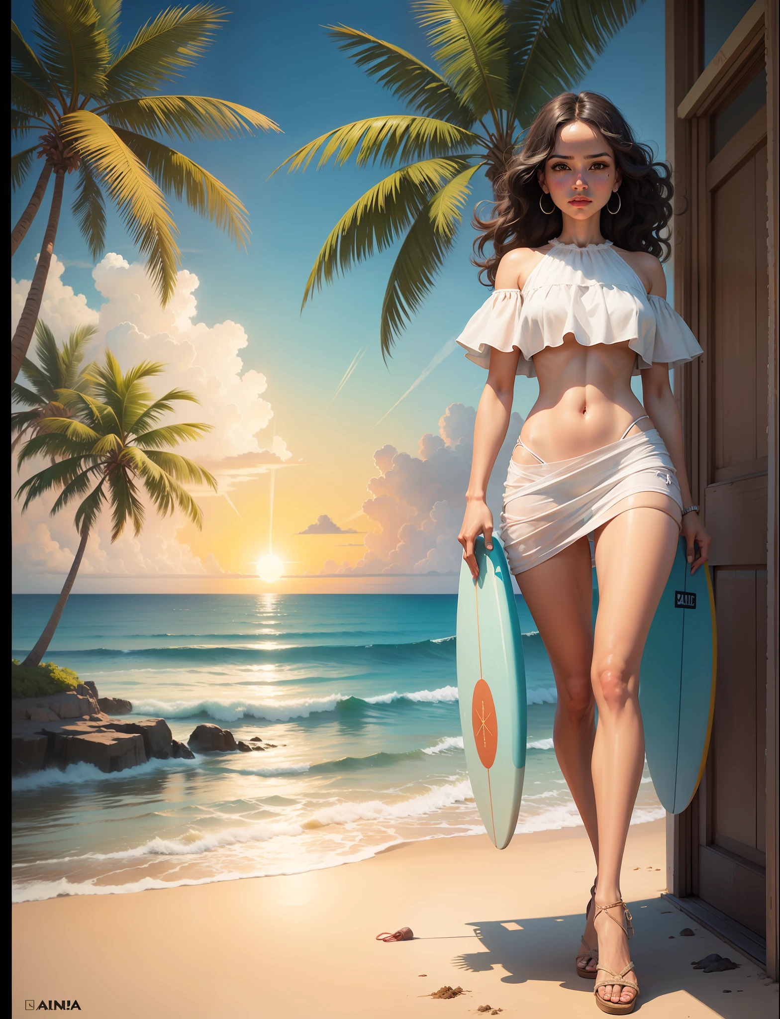 painting of a woman walking at the beach beautiful sun set, palm trees, next to a beach cafe, people on surfboards, surfing, sand castles, fun place to go and have a good time, digital art picture, stylized digital illustration, cuban women in havana, digtial painting, in style of digital art, digital art oil painting, in the style of an oil painting