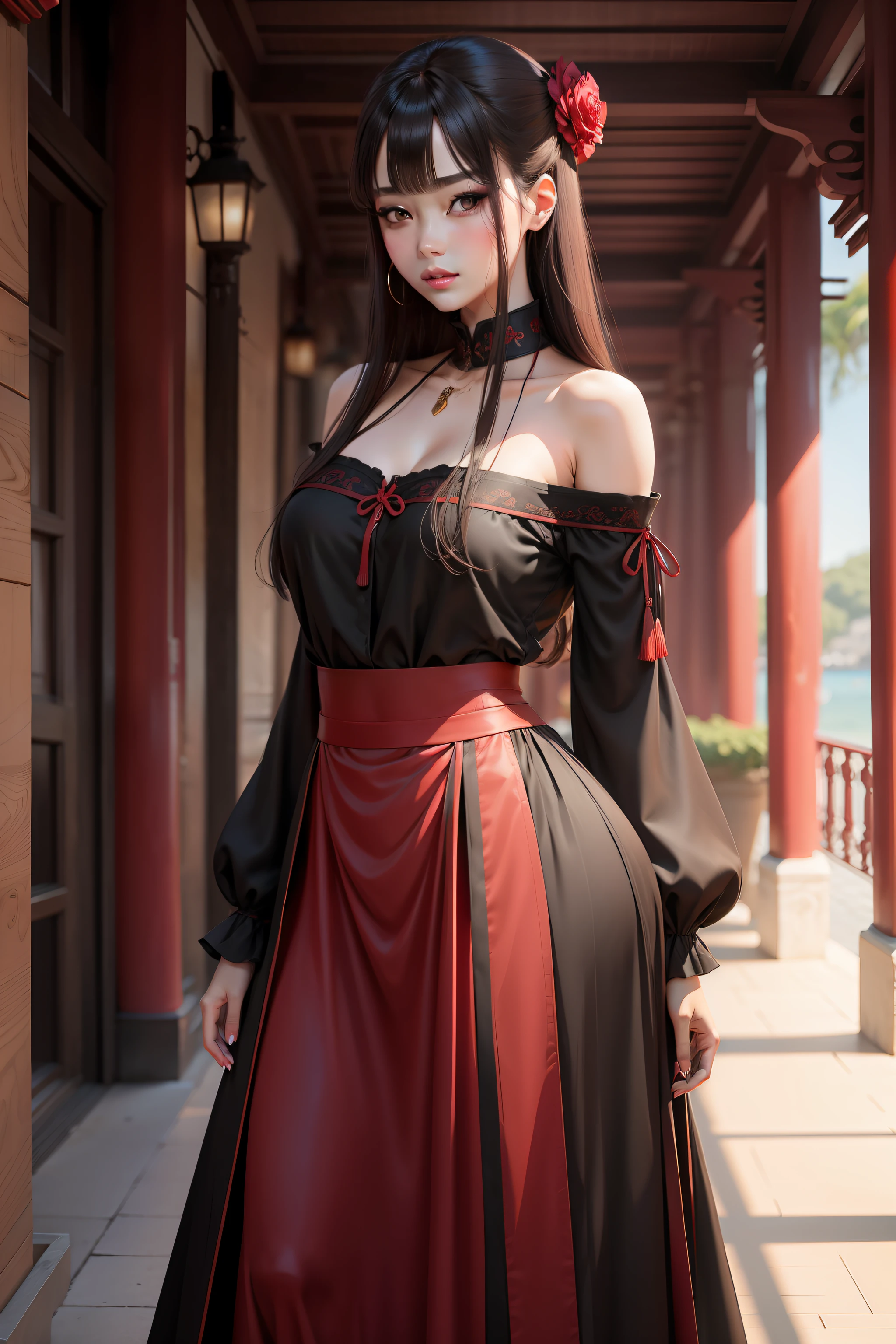 brunette color hair，Black eyes，Fair skin，red long skirt，oriental face，full bodyesbian，2D