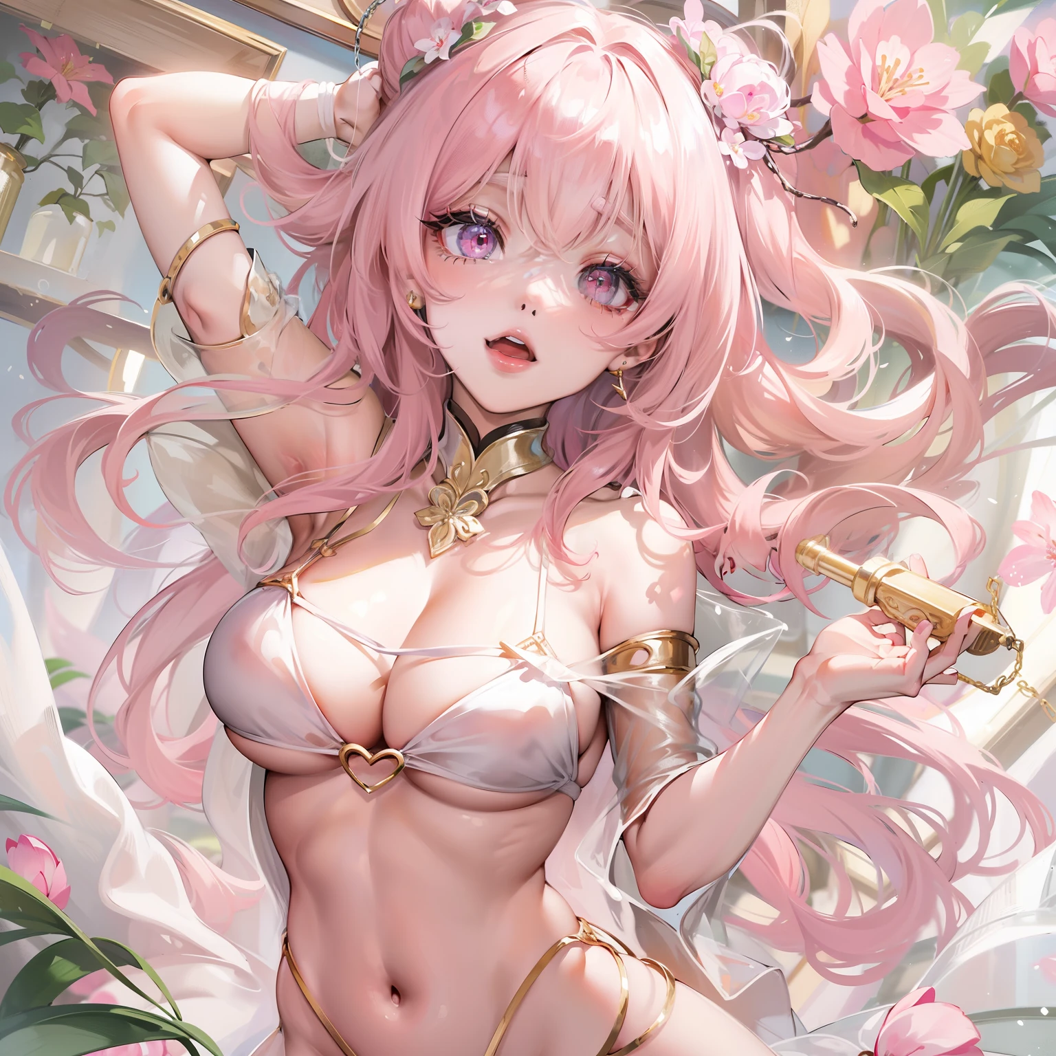 Best quality,Amazing,Masterpiece,Delicate,超高分辨率,Ultra detailed,intricately details,Beautiful detailed,8K resolution,(Extremely detailed Cg Unity 8K wallpaper),Sharp focus,((No text)),breast conscious,gigantic cleavage breasts,Areola Slip,Covered,Bursting breasts,Lively breasts,framed breasts,High transparent thin gauze light pink mini bikini,High transparent thin gauze light pink mini bikini,High transparent thin gauze light pink mini bikini,Tongue stock,Makeup,cheerfulness,Reflectors,ahegao,Pink eyes,Heart earrings,1,Solo,Female pervert,view the viewer,hair flower,Long hair,multicolored hair,Shiny hair,Barefoot,Bottomless,Thick thighs,Bare legs,Thighs open, Thighs open