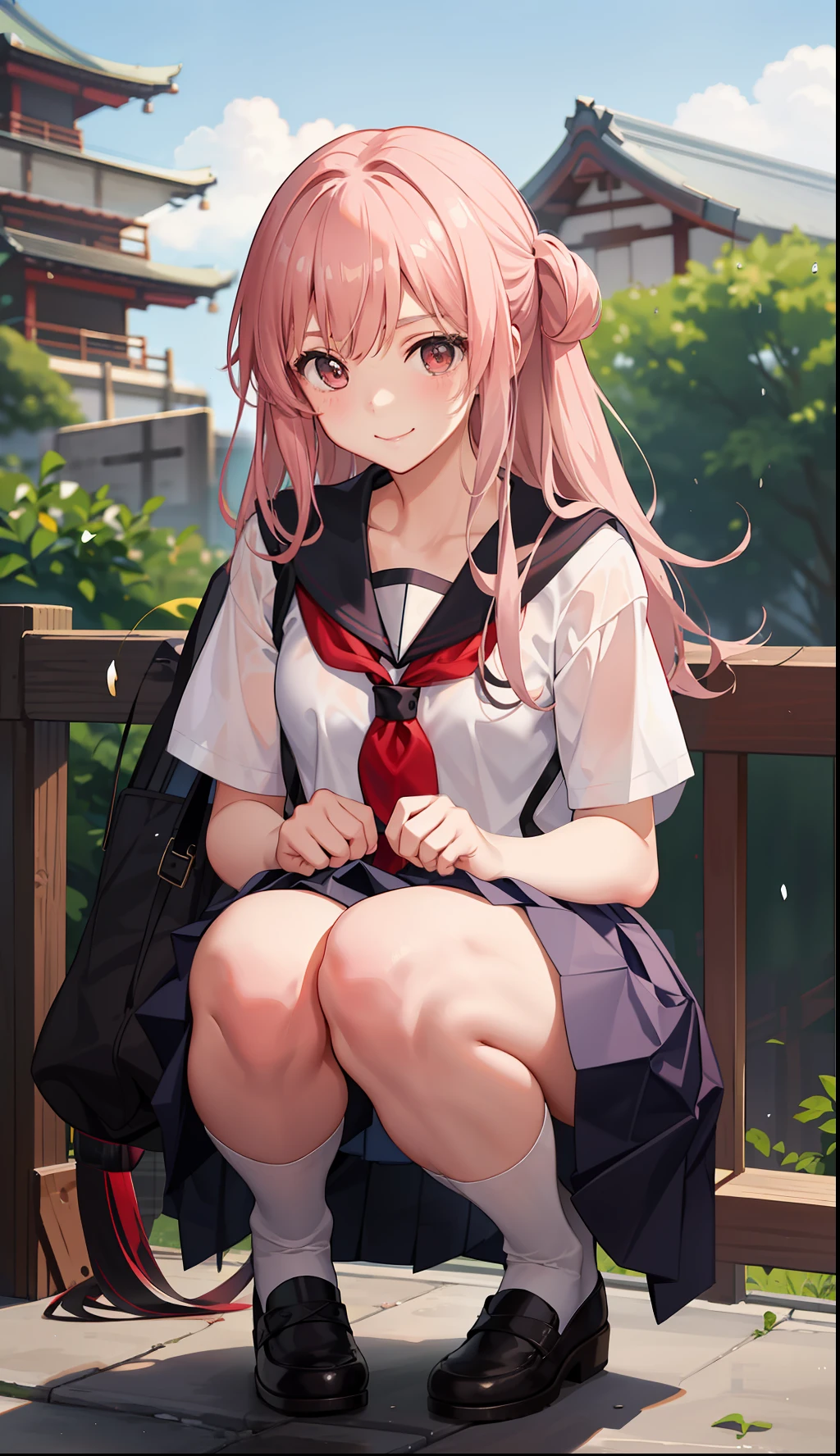 1girl in、A smile、The shirt、skirt by the、(small tits)Chilarism、Japan High School Student Uniform、serafuku、summer clothing、Squall Drenched Uniform、(Sheer Bra)、Upper body portrait、light cream hair、Squatting panchira、