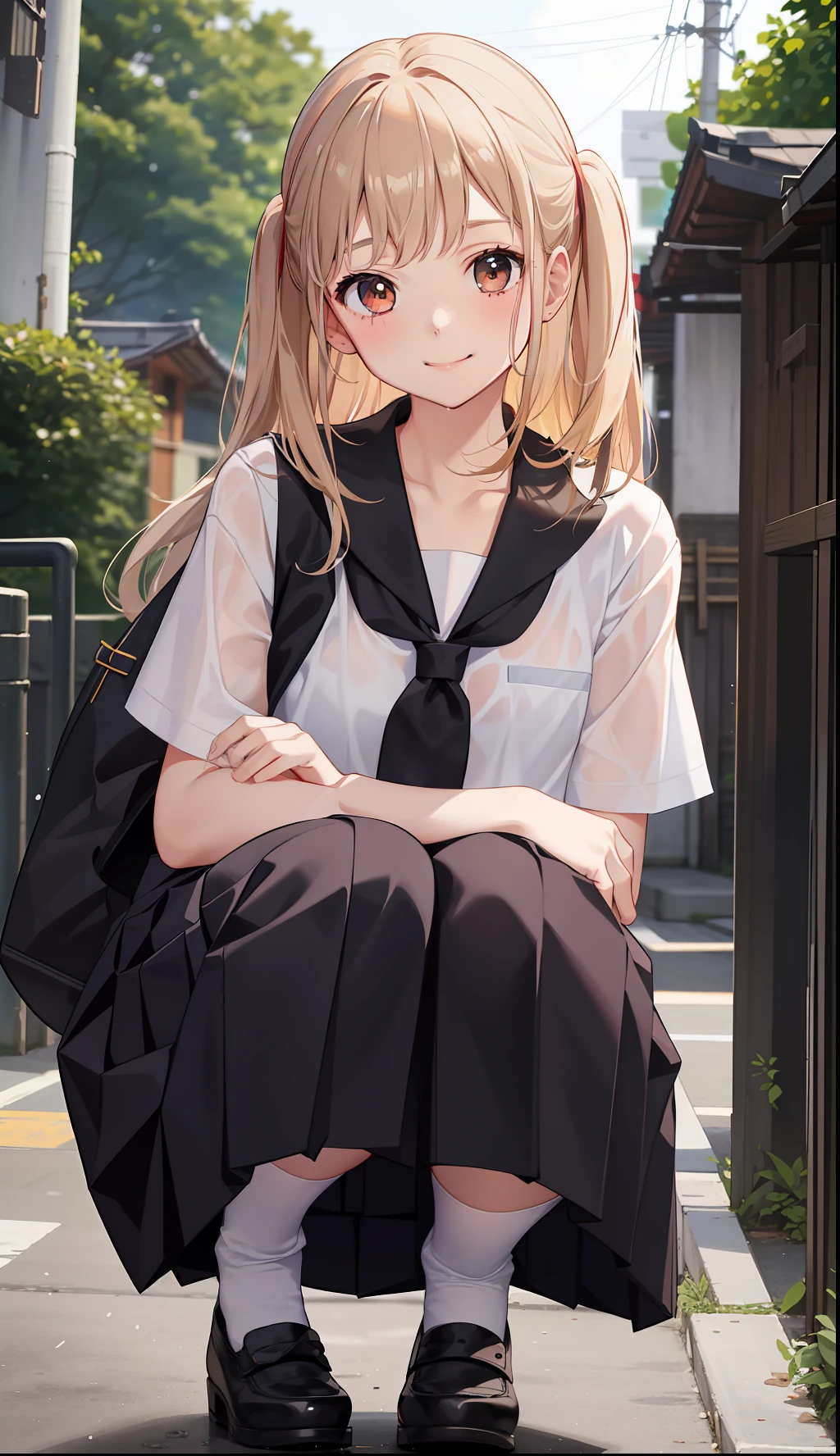 1girl in、A smile、The shirt、skirt by the、（small tits）Chilarism、Japan High School Student Uniform、serafuku、summer clothing、Squall Drenched Uniform、（Sheer Bra）、Upper body portrait、light cream hair、Squatting panchira、