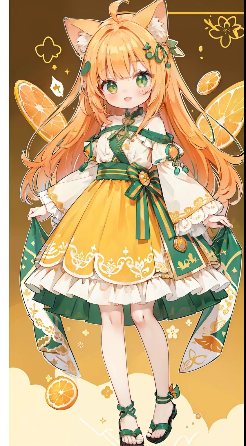 full bodyesbian、Standing Picture、Top image quality、top-quality、​masterpiece、cute little、orange color hair、yellow-green eyes、Outer Honeycomb Hair、Shoulder Length Clothing、Orange hair ornament、an orange、sano、culottes、a smile、Transparency