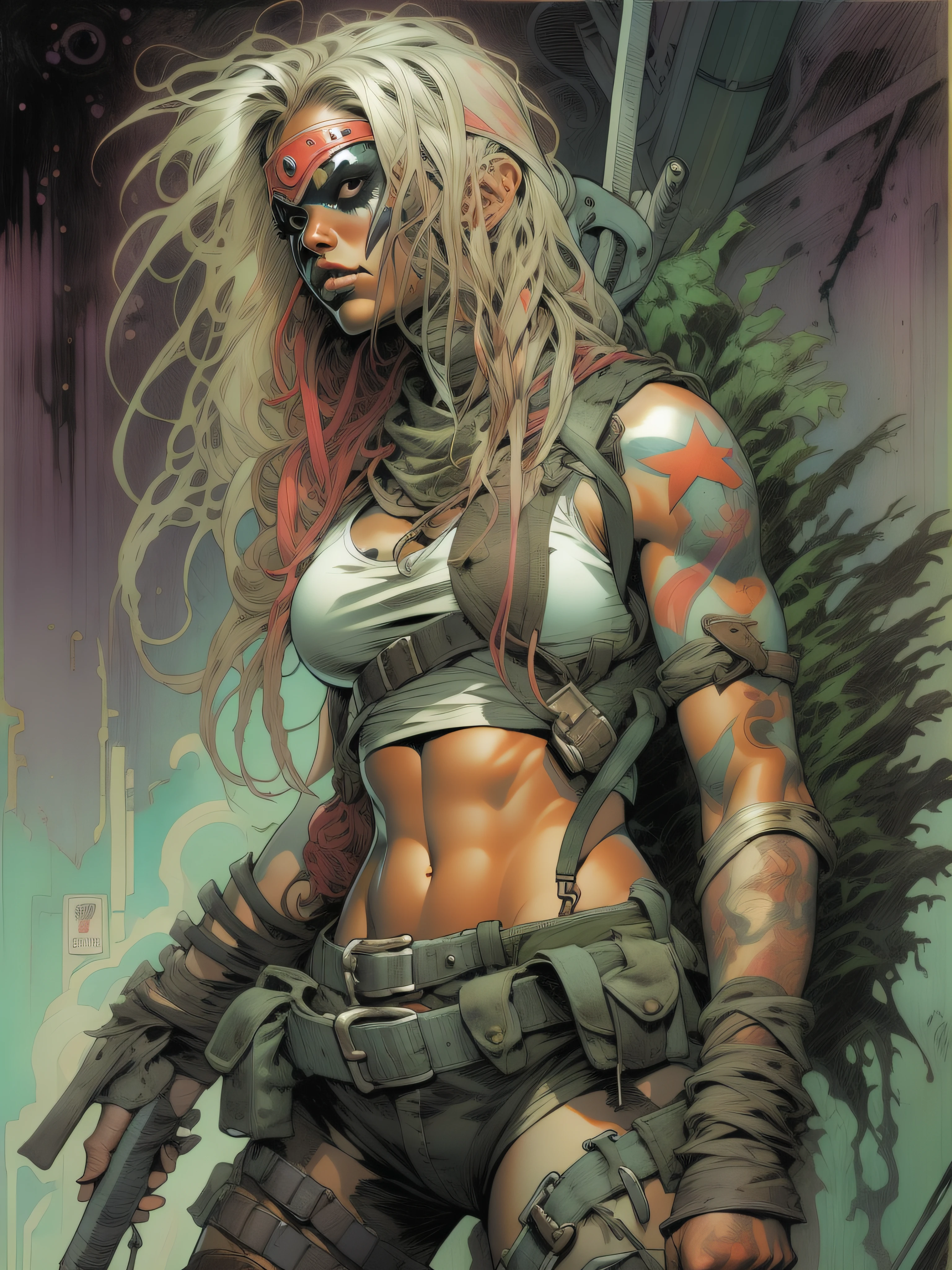 A post-apocalyptic warrior, uma mulher de 35 anos quase nua no estilo Simon Bisley para a capa da revista Heavy Metal, cabelo metade preto metade branco, Minimum clothing, roupas curtas,