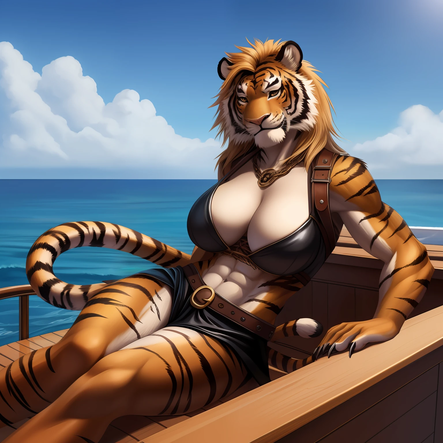 (High res, best quality, masterpiece) realistic drawing, soft light, bright light, ocean background, adult female, (solo, woman) anthro tiger woman, human face, ((lion tail, tiger fur, claws, tiger snout)), clawed feet, slender body, big breasts, athletic build, abs, pirate outfit, fully body, pirate wardrobe, smiling, smirking expression, on a boat, brown top, leather