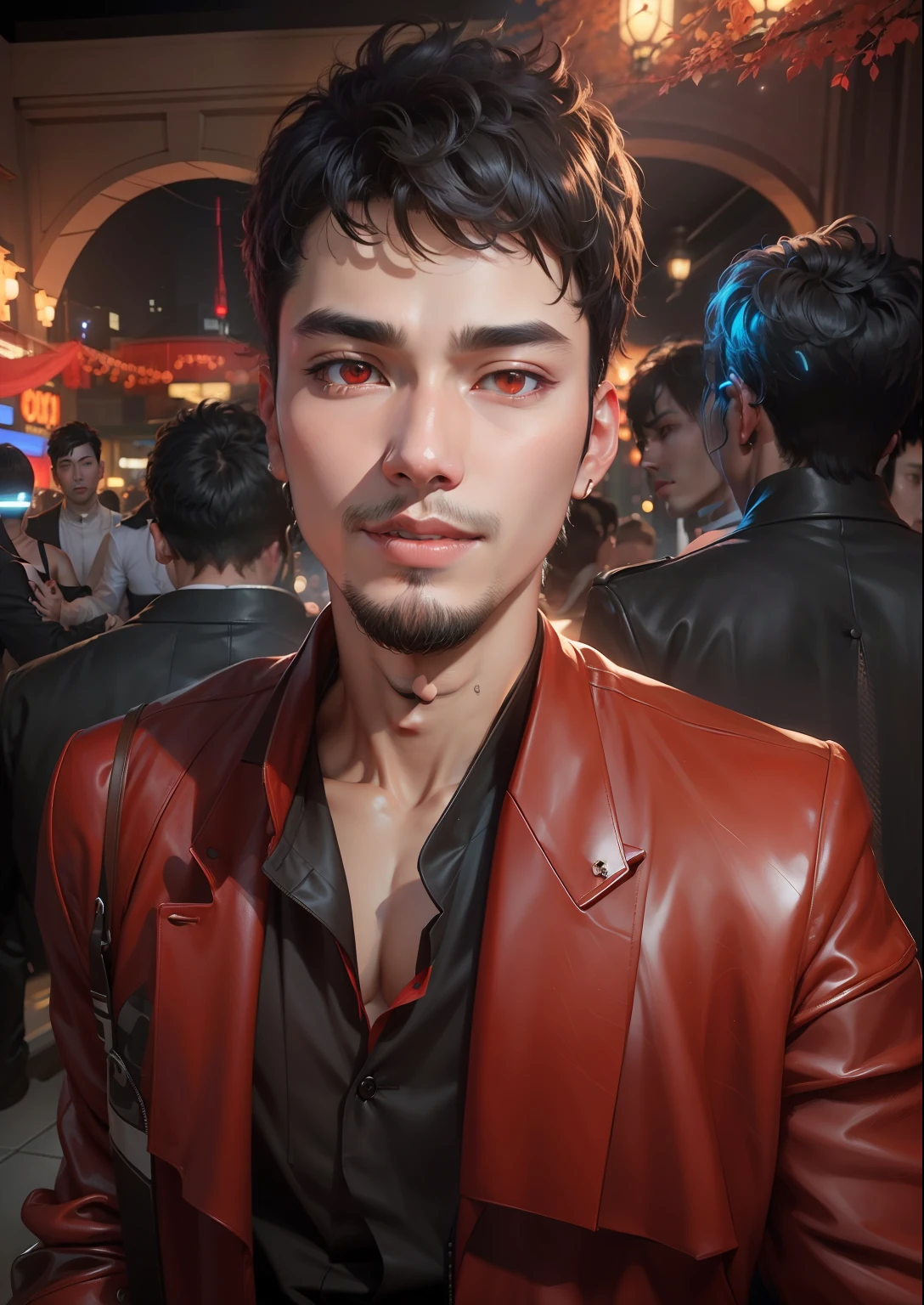 My original face and Close up of a man with black hair, red leather jacket looking to the side, city at night, movie blue lights, chiaroscuro, 8K, original, HD, stunning masterpiece, threatening smile, cute character and cute, thin, muscular man, textured skin, glowing , Asian idol, Choi Seo kun, Jimin Greek nose, Sung Yanjun, male Urzan, glowing red eyes, Kim Tae Joon.