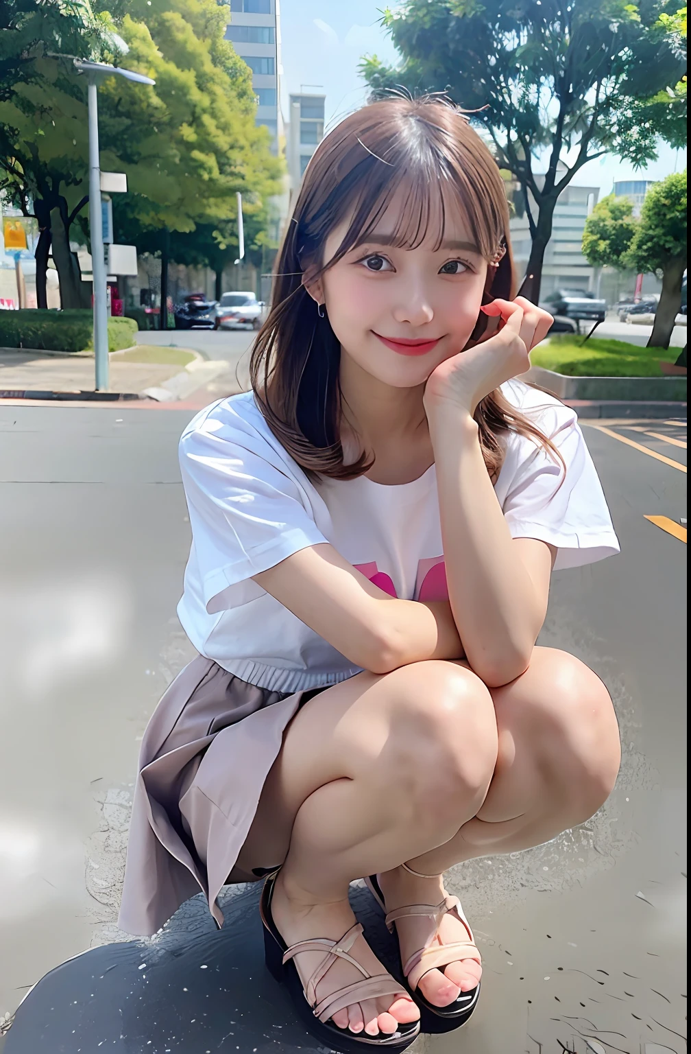 Move the center of gravity back、Put your hands forward from your feet、pretty embarrassing。pink bra、Pink panty、Thin leg、tight skirts、90 degree knees、heels on the ground、hands in front of feet、hug your feet、Knelt、Raw photography、8K、top-quality、 超A high resolution、Beautiful face in every detail、Realistic human skin、Gentle expression、front-facing view、angle from bellow、length hair、realisitic、Photorealsitic、cute little、Sit on a park bench、Cute College Girl。Surreal College Girl、full body Esbian。Pink underwear visible through white shirt。Check skirt。Because I'm squatting、Pants are visible through the gap between the legs。Summer Park。Smiles are overflowing。Clean bust。Cute smile。sandal。
