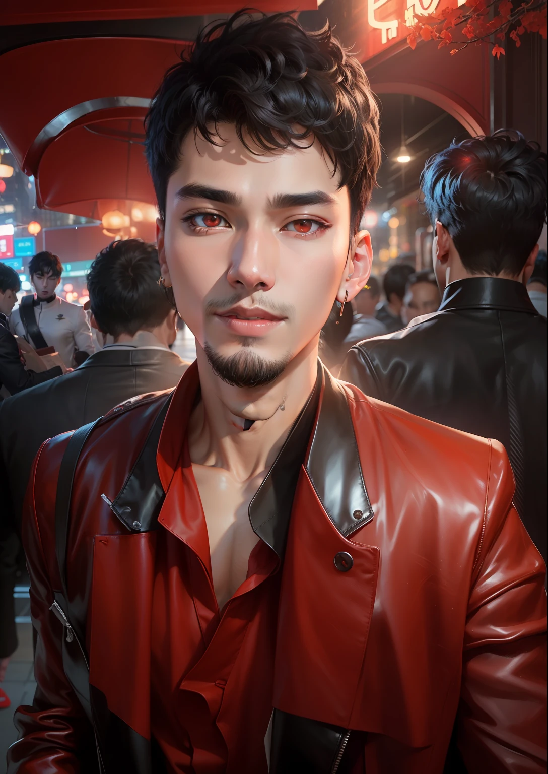 My original face and Close up of a man with black hair, red leather jacket looking to the side, city at night, movie blue lights, chiaroscuro, 8K, original, HD, stunning masterpiece, threatening smile, cute character and cute, thin, muscular man, textured skin, glowing , Asian idol, Choi Seo kun, Jimin Greek nose, Sung Yanjun, male Urzan, glowing red eyes, Kim Tae Joon.