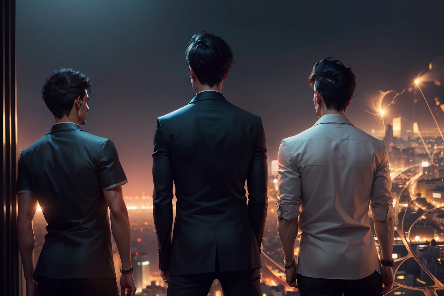 Change background realistic at the top of the city at night handsome man 8k