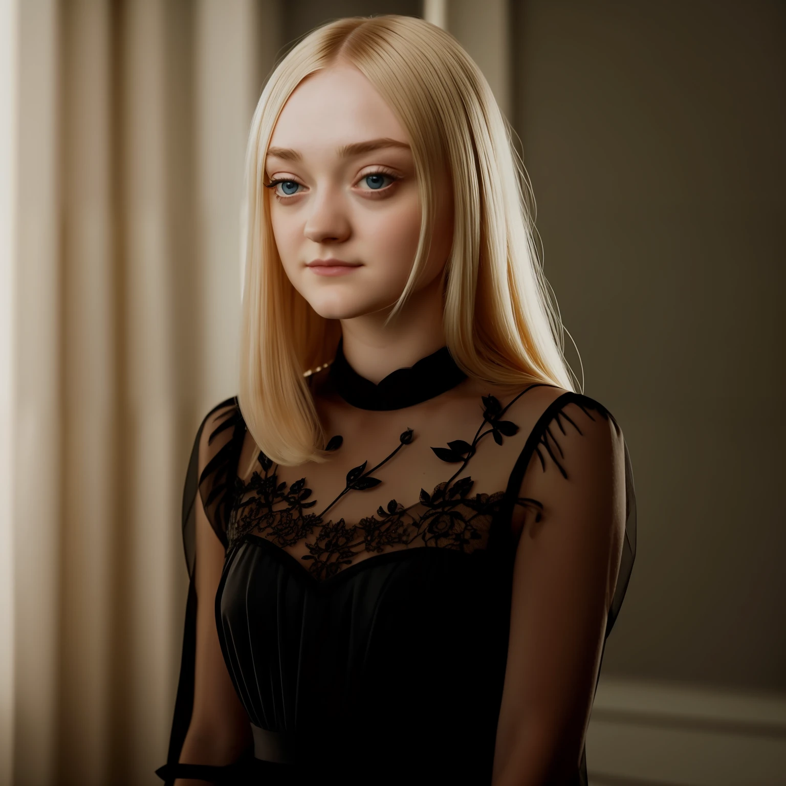 blond woman in black dress, standing, dakota fanning, soft portrait shot 8 k, female portrait, james jean soft light 4k, james jean soft light 4 k, a still of an ethereal