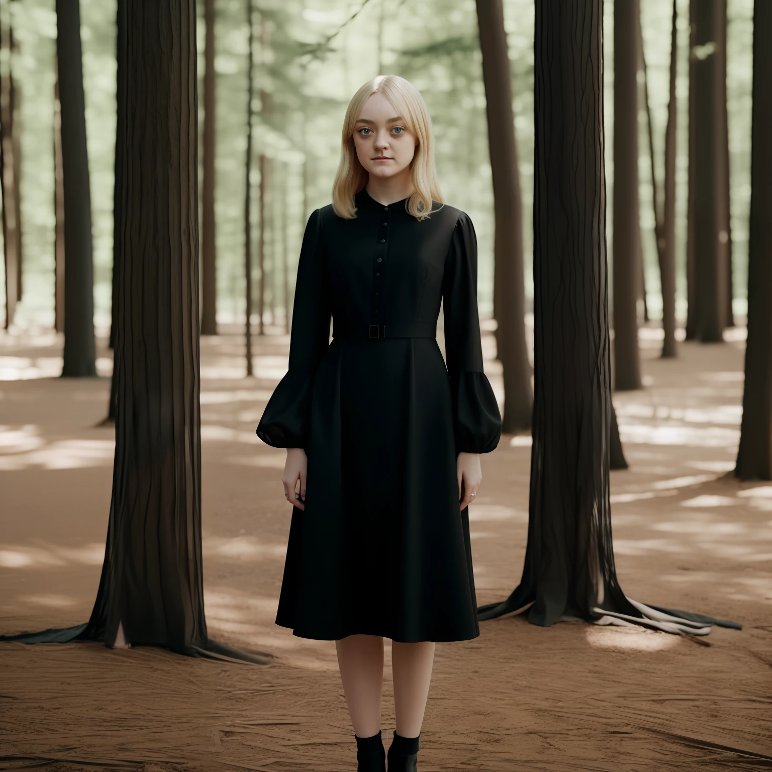 blond woman in black dress, standing, dakota fanning, soft portrait shot 8 k, female portrait, james jean soft light 4k, james jean soft light 4 k, a still of an ethereal