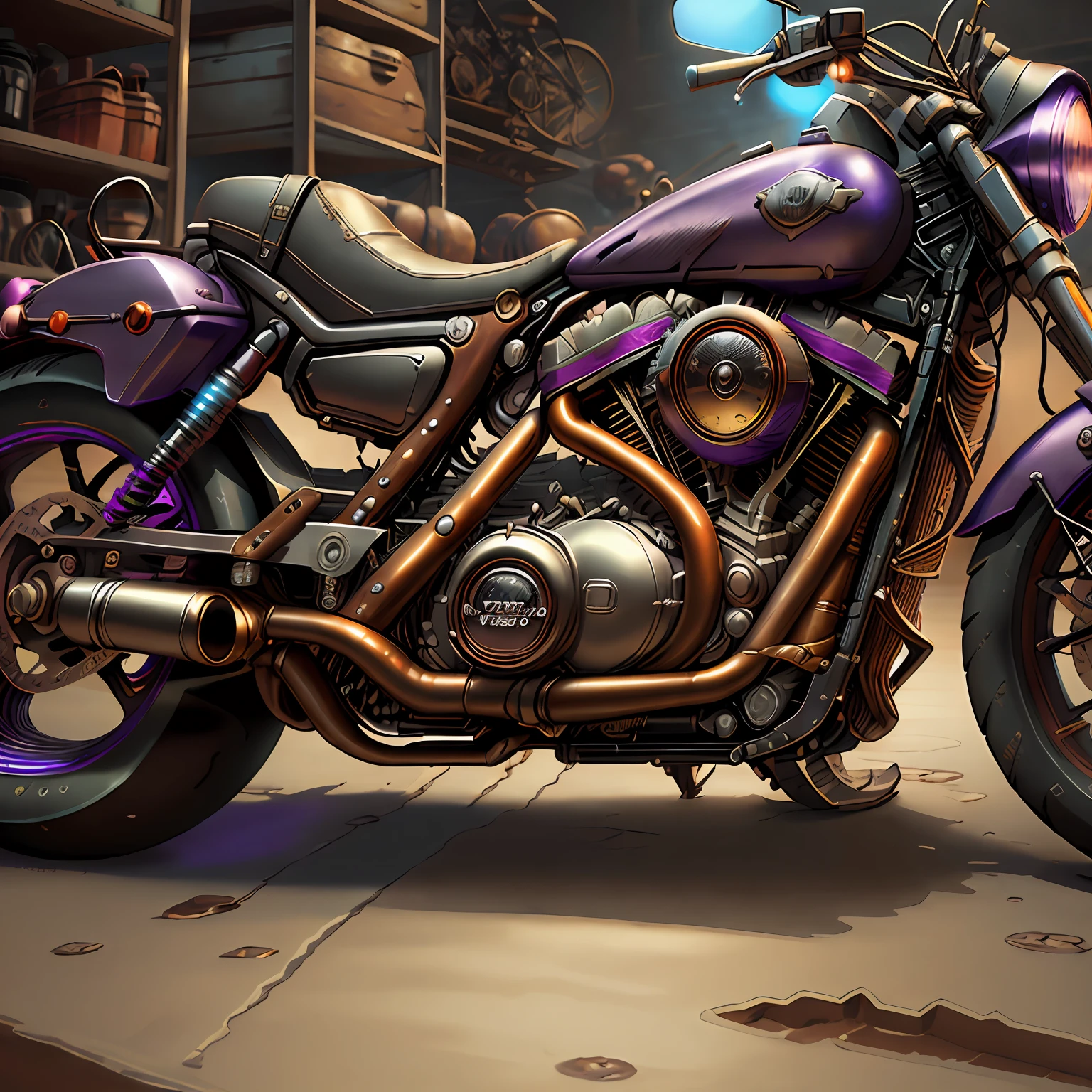 Harley-Davidson CVO Limitada,vista Total integral MadMax CogPunkAI ,Cores ?? k, (Purple metallic ),4D ,rota 66,neon light