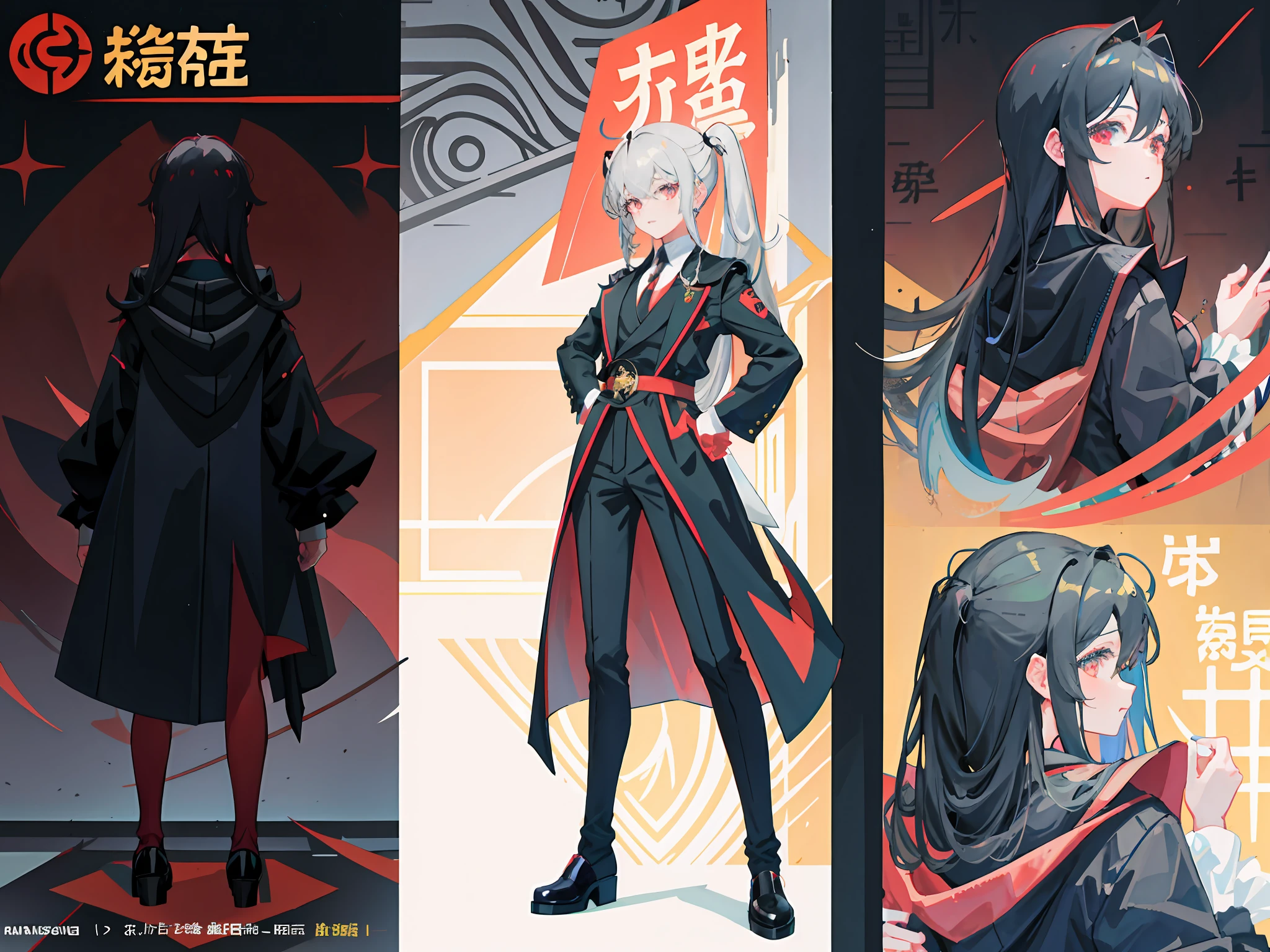highr，1girl,Outfit in black，magister，cabelos preto e longos，red color eyes，In black suit，White gloves，standing on your feet，One hand crosses the waist，Chinese girl design，Genshin detailed art，Anime character design，anime concept art，pretty anime character design，anime character reference sheet，[character  design]，