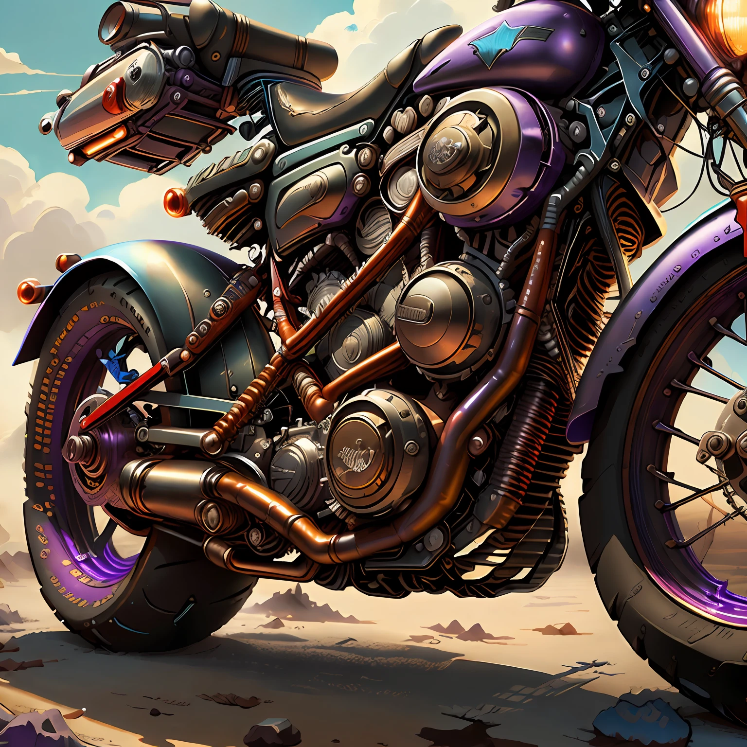 Harley-Davidson CVO Limitada,vista Total integral MadMax CogPunkAI ,Cores 64 k, (Purple metallic ),4D ,rota 66,neon light