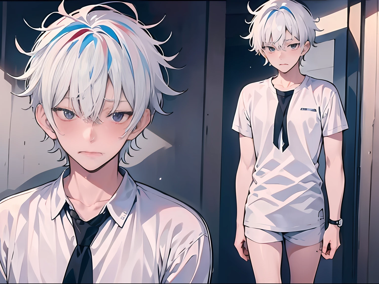 Masterpiece,(anime style + soft cute) boy, white hair, white shirt, sadness, full body, detailed face