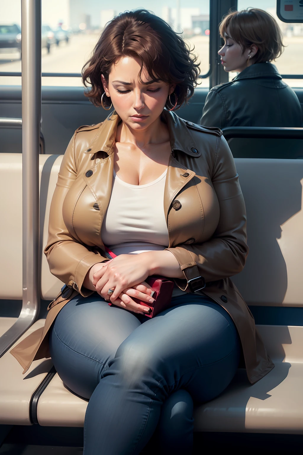 1 beautiful woman, large body, 50-year-old woman, adult lady, made-up face, short hair, hoop earrings, RED trench coat, long blue jeans, boots, made-up eyelids, brown bag, crossed hands, asleep sitting on the bus, eyes closed, mouth open.