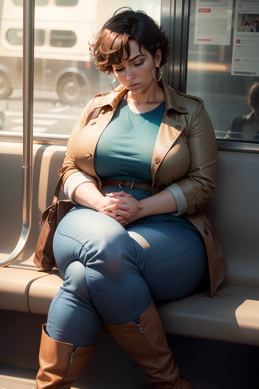 1 beautiful woman, large body, 50-year-old woman, adult lady, made-up face, short hair, hoop earrings, RED trench coat, long blue jeans, boots, made-up eyelids, brown bag, crossed hands, asleep sitting on the bus, eyes closed, mouth open.