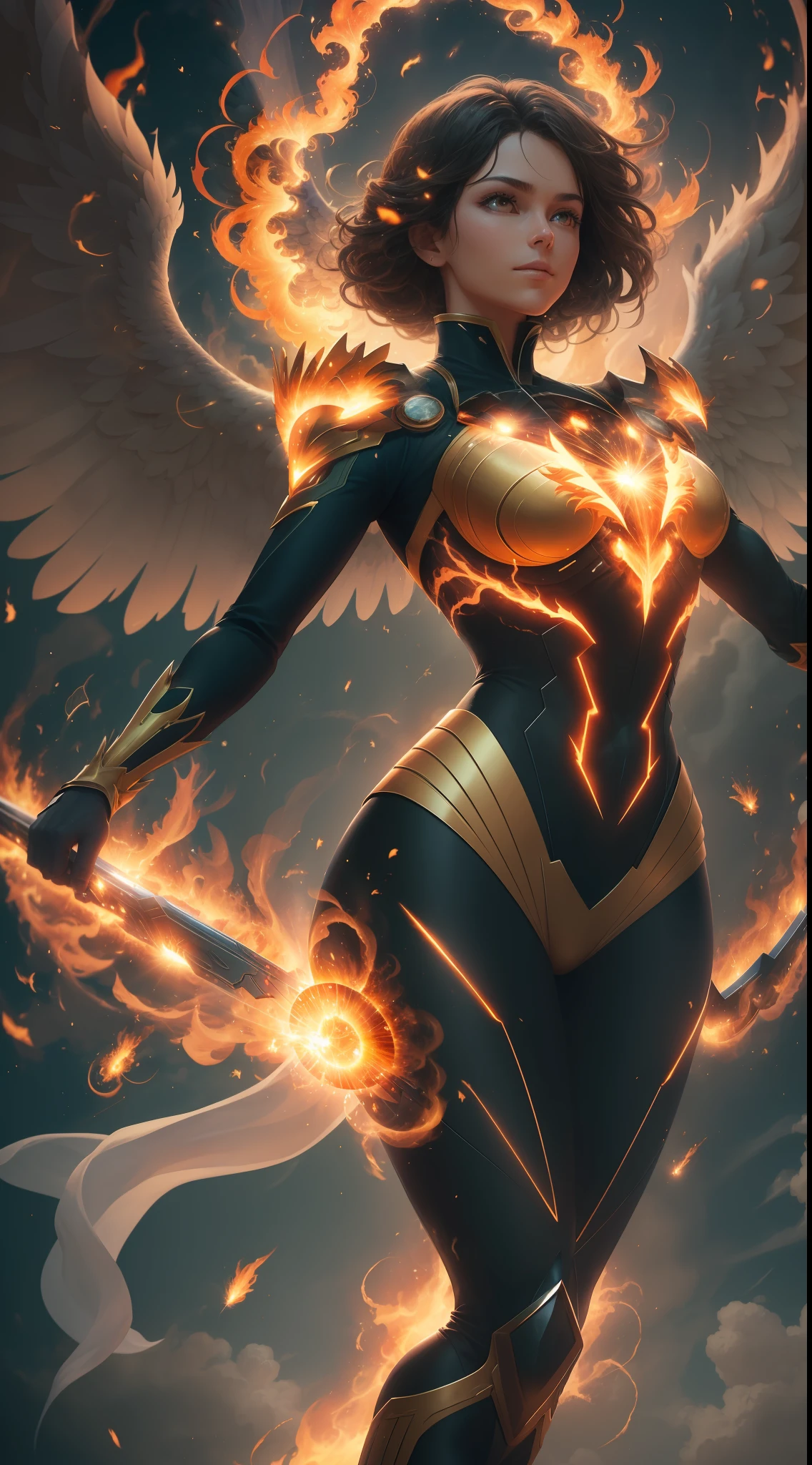(Ultra resolution 8K), "Espectro Solar": With a translucent skin that emits a faint golden light, The Solar Spectrum is presented as an enigmatic being. Su cabello fluye como llamas doradas, contrastando con sus ojos que resplandecen con un brillo solar. His tight suit is adorned with gold and orange tones., creating the illusion of flames in constant motion. Una capa desplegable, Made of concentrated solar energy, It resembles the wings of a phoenix in mid-flight. Their hands are capable of projecting rays of solar energy that cause controlled explosions.., and can soar into the air using bursts of energy emanating from its back... His unique suit is designed to absorb and convert solar energy into various awesome abilities and powers... (Cinematic lighting)