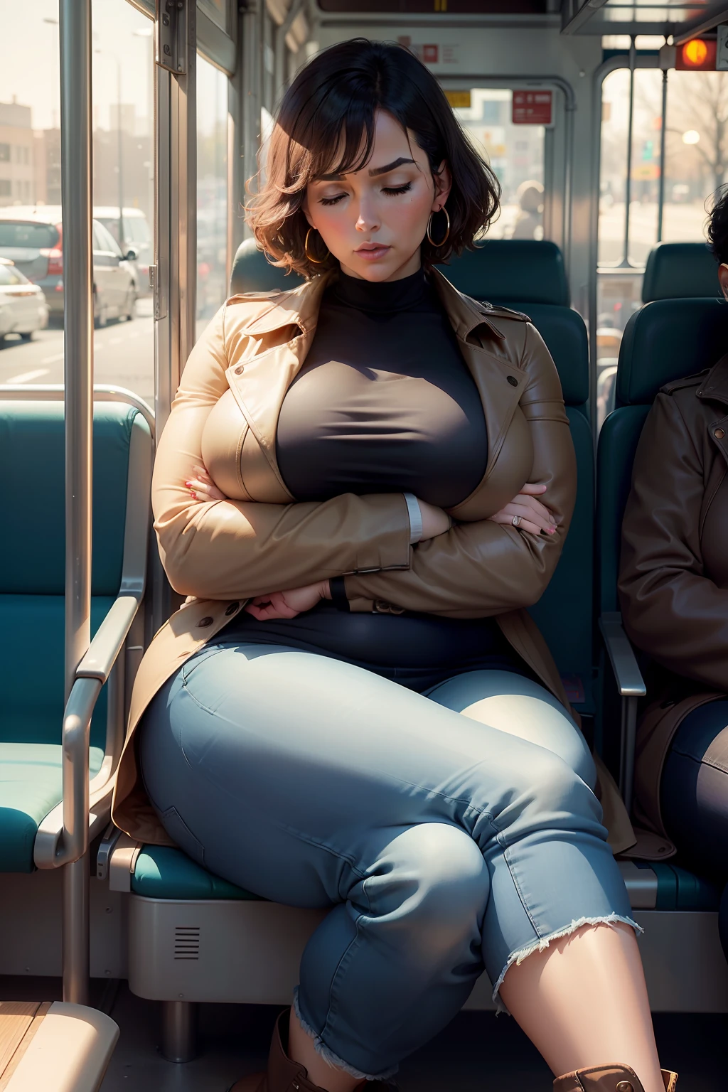 1 beautiful woman, large body, 50-year-old woman, adult lady, made-up face, short hair, hoop earrings, RED trench coat, long blue jeans, boots, made-up eyelids, brown bag, crossed hands, asleep sitting on the bus, eyes closed, mouth open.