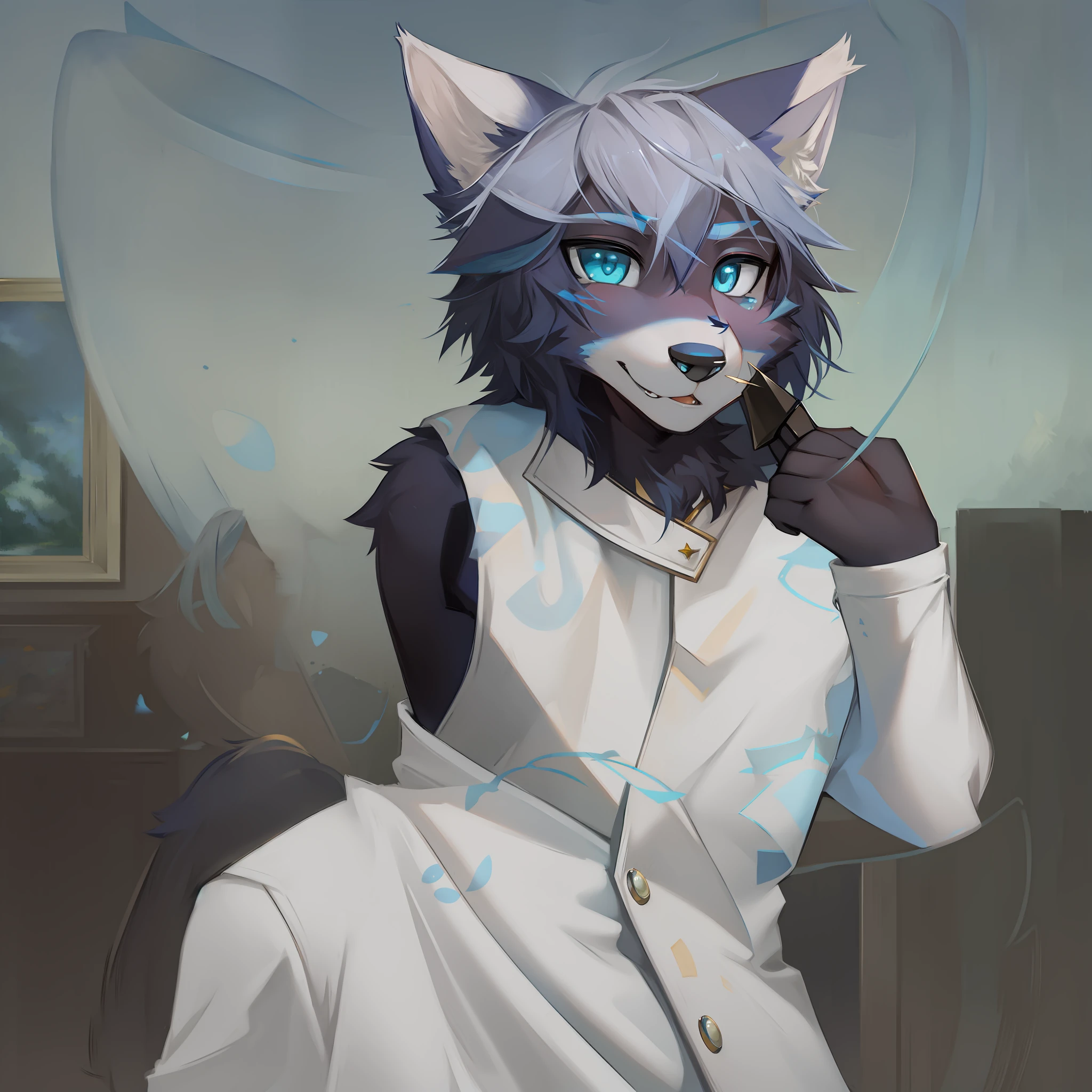 There is a painting，The painting is of a cat with green eyes and a bow, painttoolsai!! Blue, fursona!!!!, Sora as a cat, anime cat, krystal from star fox, with blue fur and blue eyes, furry furaffinity, realistic anime cat, no shade, furaffinity fursona, fursona art, lineless, Blue eyes!!