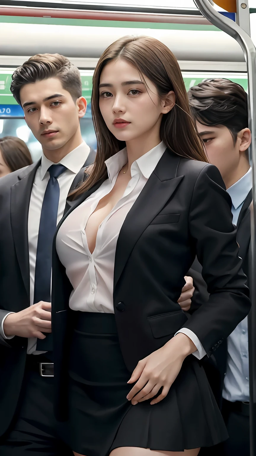 (On the train)、(((20-year-old very cute extreme exhibitionist office lady in transparent shirt on a crowded train))),, ((((No panties, no-bra)))), (((Huge breasts :1.1))), ((cleavage, Exposed breasts, Exposed crotch, exposed lower abdomen, exhibitionism, exposed shaved pubic hair)), Best Quality, masutepiece, hyper HD, (Photorealistic:1.4), Raw photo, (perfect body type), (slim:1.3), Dynamic Pose, (((Full-figured :0.9))), Solo, drooping chest, uniform, Have on the street, Deep shading, Unobtrusive, Cold Light 12000K, Beautiful detailed sky, detailed Tokyo street, Highly detailed face and skin texture, Detailed eyes, Realistic eyes, Beautiful detailed eyes, (Realistic skin), Attractive, 超A high resolution, Ultra-realistic realism, Highly detailed, (((exhibitionism))), 、(in 8K、Raw photography、Highest Quality、realisitic、Photorealsitic、Professional Lighting、​masterpiece、extremely delicate and beautiful、finely detail、ultra-detailliert、hight resolution、full-shot)、The train crowded only a few men、1girl in、One woman in a black suit、Black jacket、white  shirt、a black skirt、Beautiful face:1.5、slim proportions、small tits:2、small tits、Young man in suit、Hug her from behind:1.5、Other young men flipping up skirts、I can see the white panties、she is crying、shed tears:1.5、Draw in clear detail whose hand it is、(((Pubic hair is visible)))、((( are visible)))、