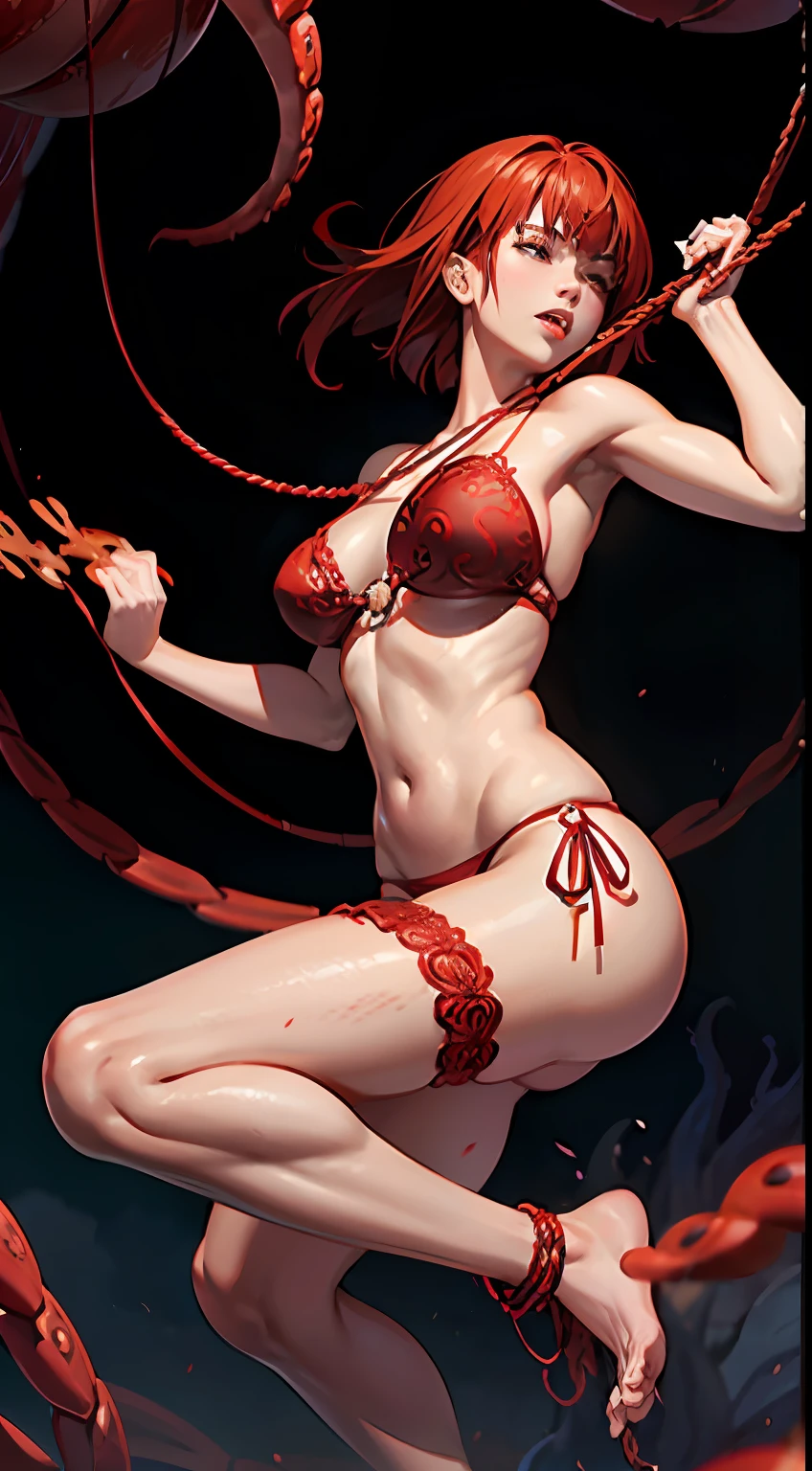 All red-skinned banshee，Filigree swimwear，Short black hair，wind blown，Surrounded by red giant octopus tentacles，Tongue spit out，Hands and feet are tied，Gymnastic postures，Tighten the rope，Rough whip，Thick chains are wrapped around the body，Super realistic details