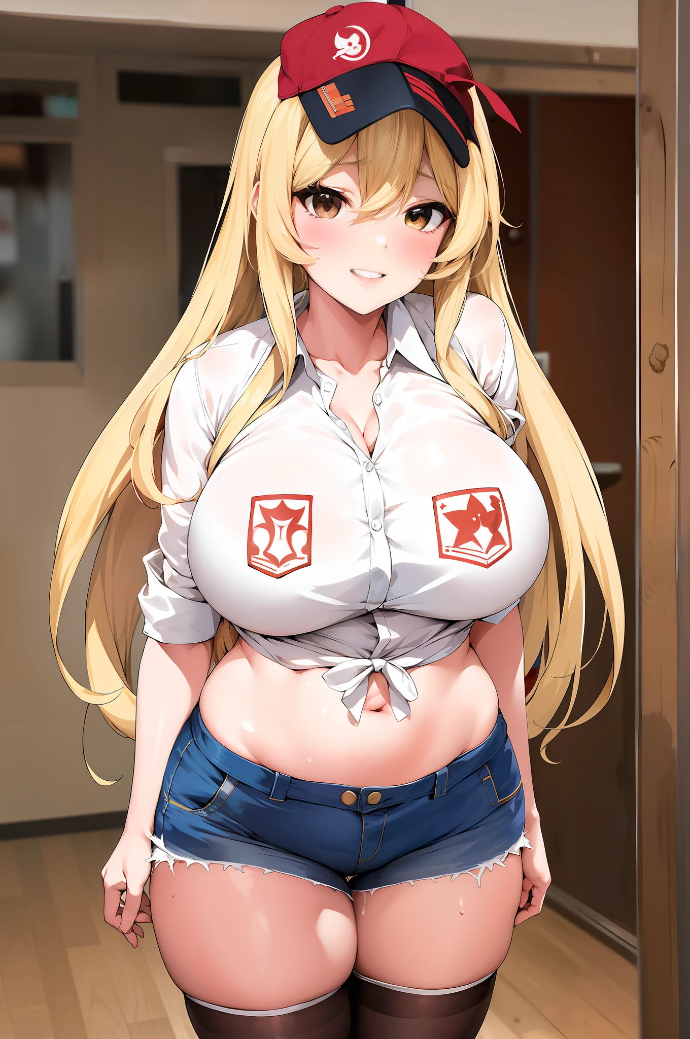 Chica de anime con cabello largo y rubio con camisa blanca y pantalones cortos azules, OPPAI, biomechanical oppai, official anime still, Proporciones OPPAI, con unos pechos grandes, Omina Tachibana, seductora chica de anime, Chica rubia de anime con cabello largo, Mejor chica del anime, pechos grandes!!, pechos grandes!, con senos grandes,
