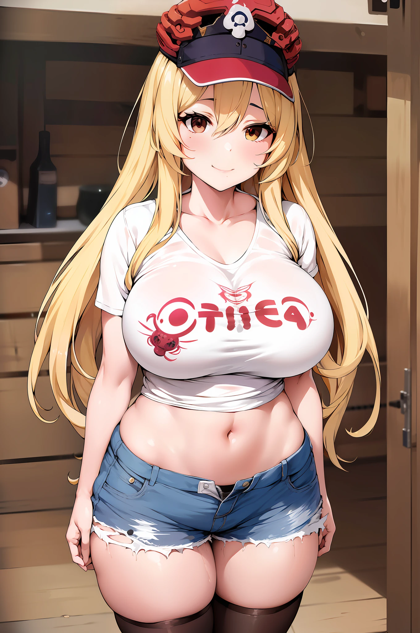 Chica de anime con cabello largo y rubio con camisa blanca y pantalones cortos azules, OPPAI, biomechanical oppai, official anime still, Proporciones OPPAI, con unos pechos grandes, Omina Tachibana, seductora chica de anime, Chica rubia de anime con cabello largo, Mejor chica del anime, pechos grandes!!, pechos grandes!, con senos grandes,