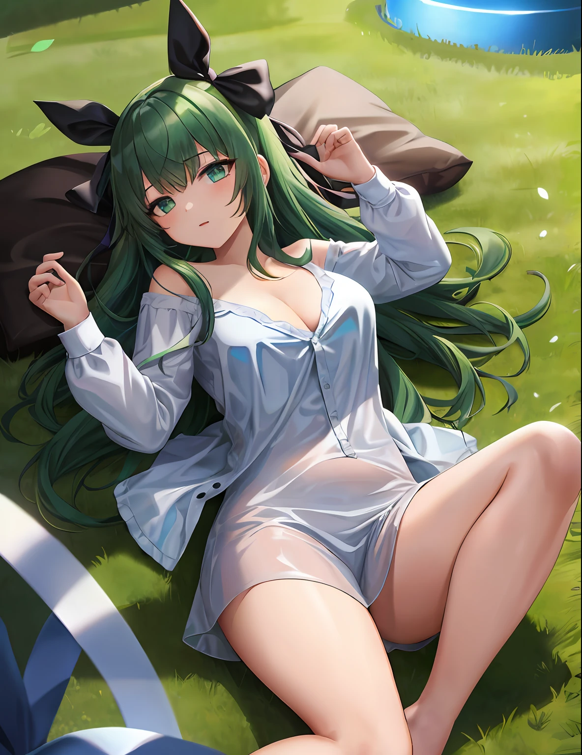 one-girl,Full-figured, Raised sexy,Dark green hair, long whitr hair, Long legs, naked leg, The barefoot, transparent long sleeves, Lying on the lawn, Hair ribbon, reflective light, Chiaroscuro, hyper HD, ccurate, ccurate, High details, Best quality
