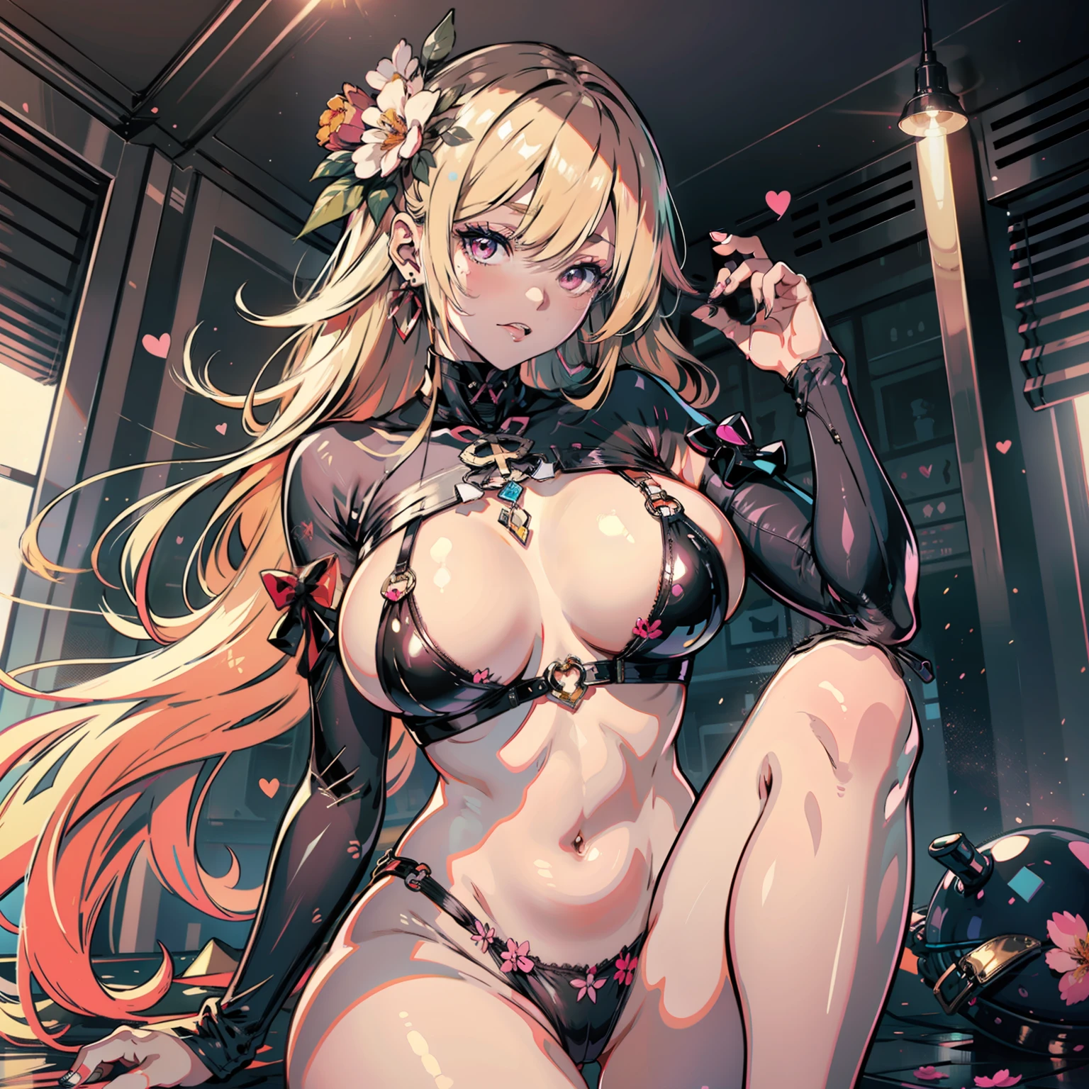 Best quality,Amazing,Masterpiece,Delicate,超高分辨率,Ultra detailed,intricately details,Beautiful detailed,8K resolution,(Extremely detailed Cg Unity 8K wallpaper),Sharp focus,((No text)),breast conscious,gigantic cleavage breasts,Areola Slip,Covered,Bursting breasts,Lively breasts,framed breasts,High transparent gauze light pink mini bikini,High transparent gauze light pink mini bikini,High transparent gauze light pink mini bikini,Tongue stock,Makeup,cheerfulness,Reflectors,ahegao,Pink eyes,Heart earrings,1,Solo,Female pervert,view the viewer,hair flower,Long hair,multicolored hair,Shiny hair,Barefoot,Bottomless,Thick thighs,Bare legs,Thighs open, Thighs open