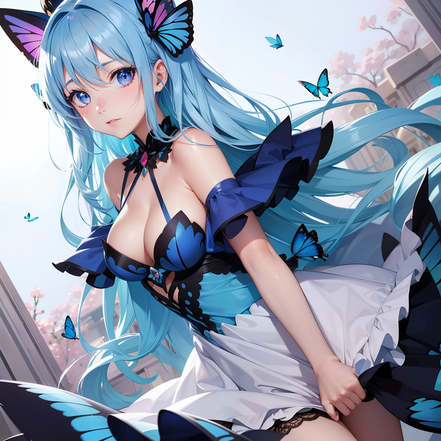 a women, blue butterfly, blue hair, pink eyes, blue dress