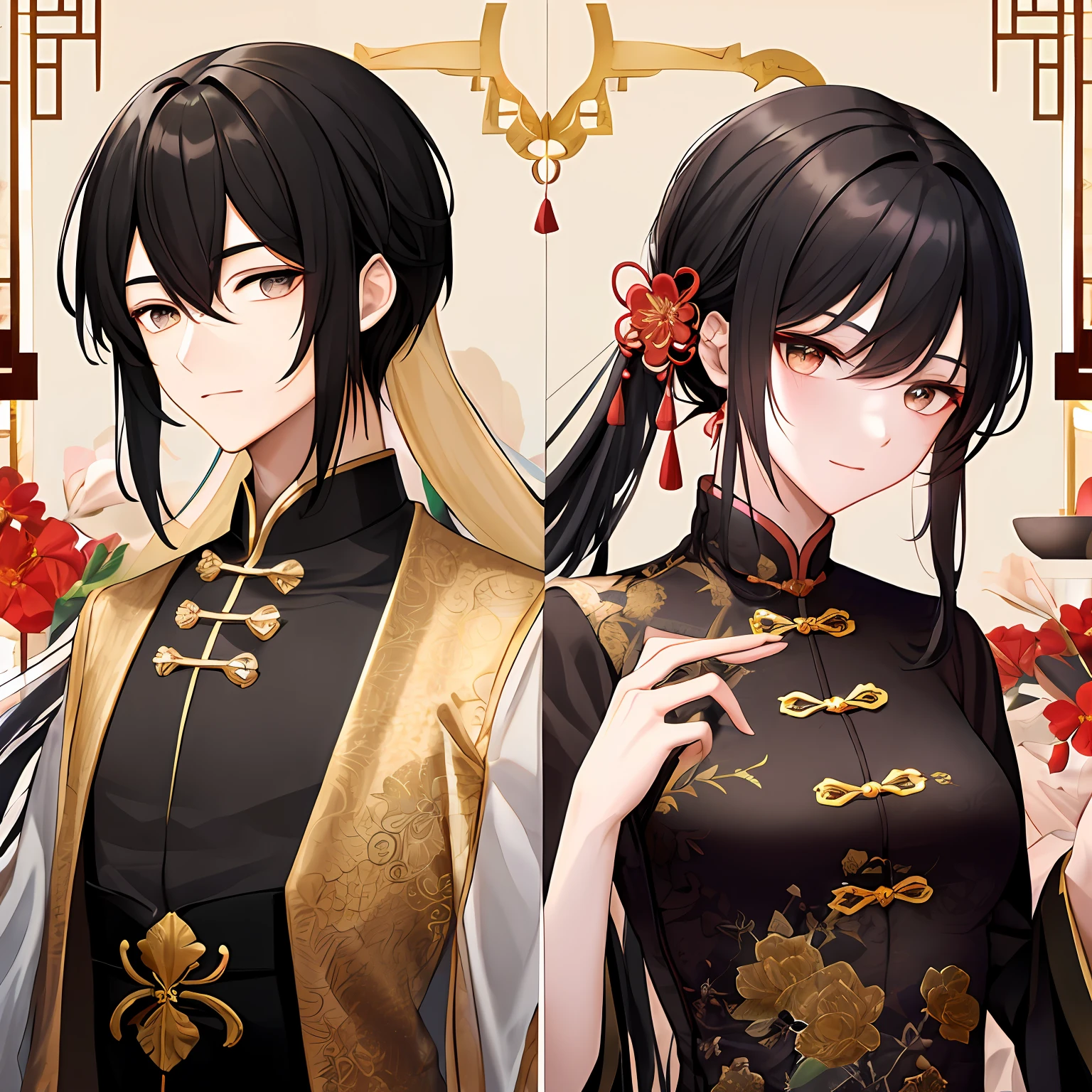 beautiful man,black color hair,Golden peach blossom eyes,long whitr hair,China-style