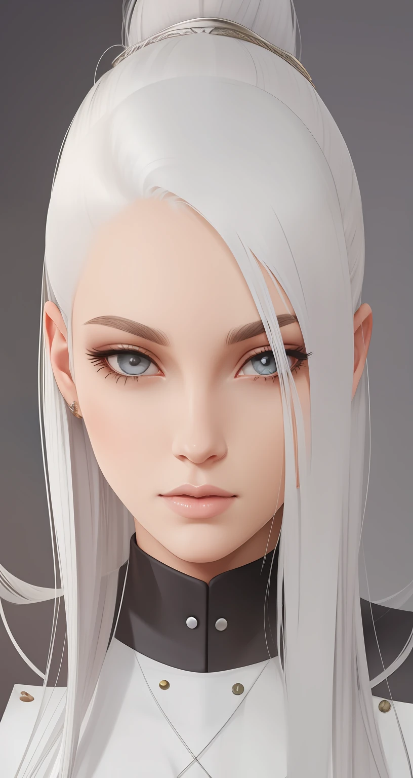 portraite of a. Tall Girl 24 years old. white colored hair, Collected in the tail, two strands of hair on the sides of the face. Long bangs, Covering one eye. light skin. Silver eyes. Dark clothing(finely detail)
