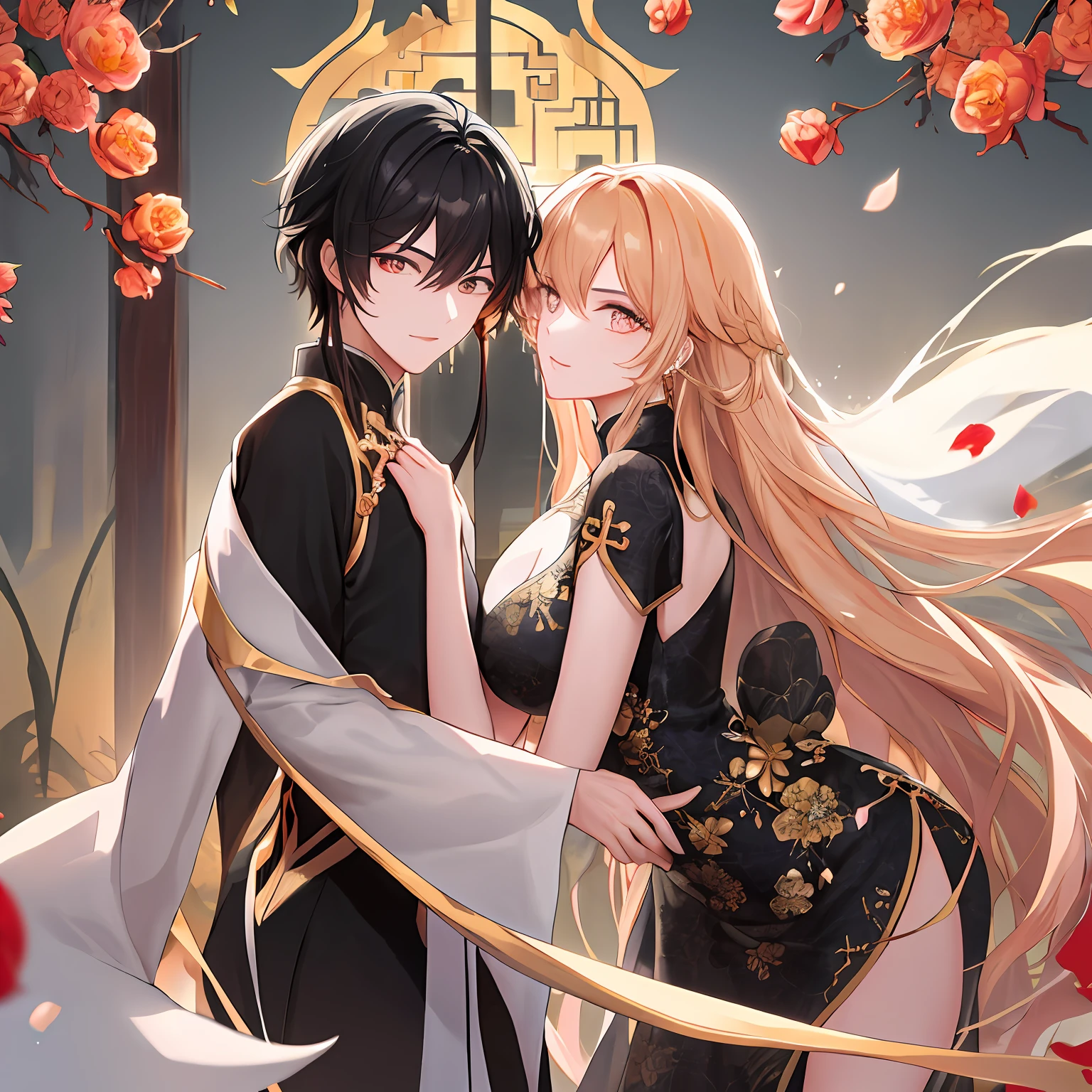 beautiful man,black color hair,Golden peach blossom eyes,long whitr hair,China-style