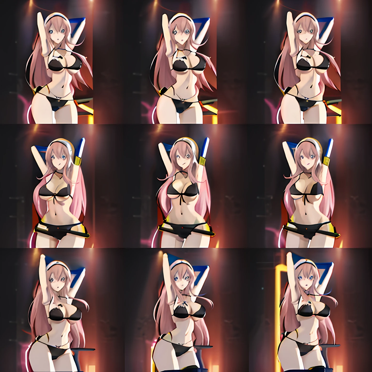 Megurine Luka, black bra, black panties, frame grid, 1girl, arms behind head, multiple views, arms up
